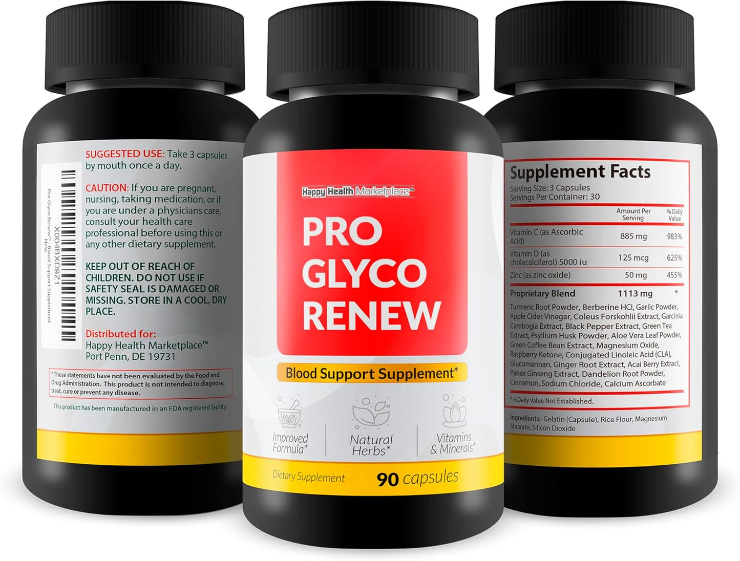 Natural Blood Support Supplement with Turmeric, Ginger, and Berberine - Promotes Blood Health, Sugar Balance, and Glucose Support - Happy Health Marketplace Pro Glyco Renew