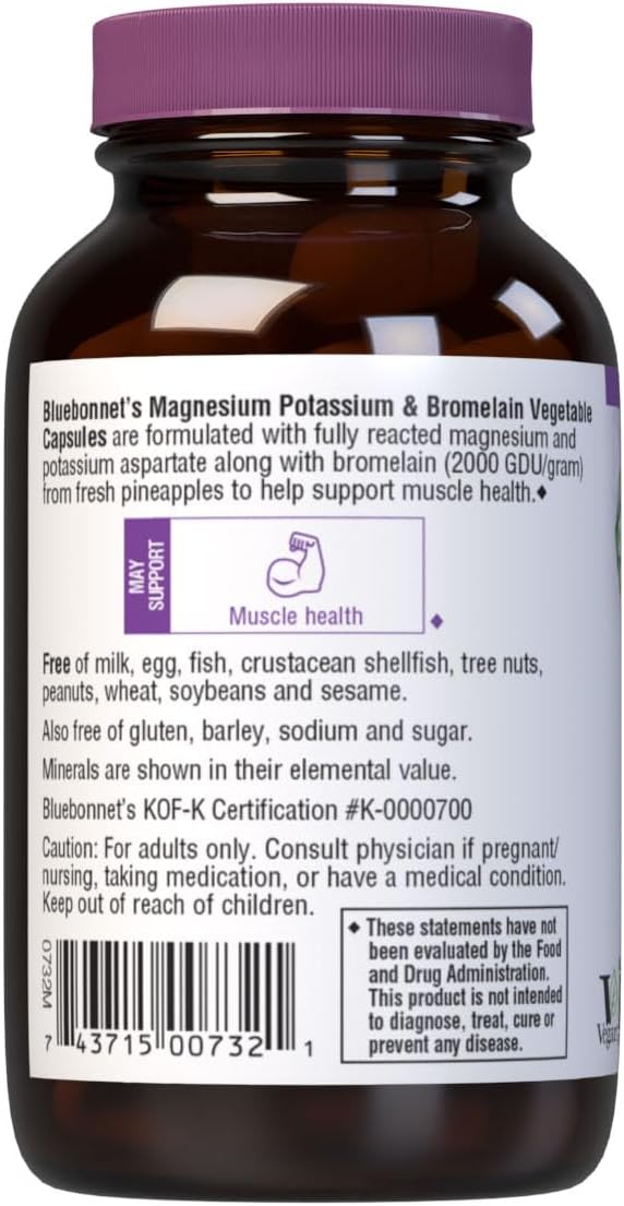 Natural BlueBonnet Magnesium Potassium Bromelain Capsules - 60 Vegetarian Count