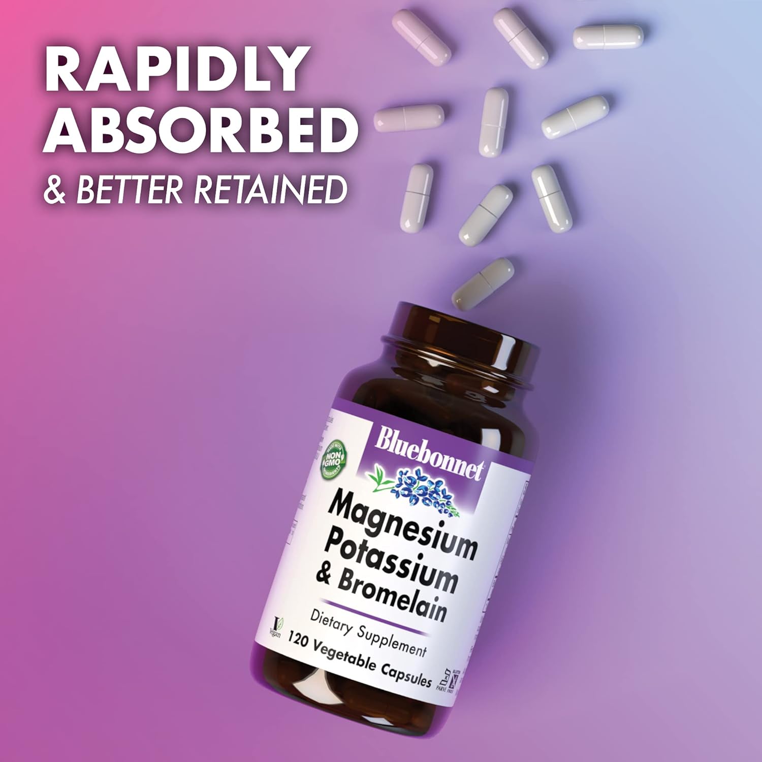 Natural BlueBonnet Magnesium Potassium Bromelain Capsules - 60 Vegetarian Count