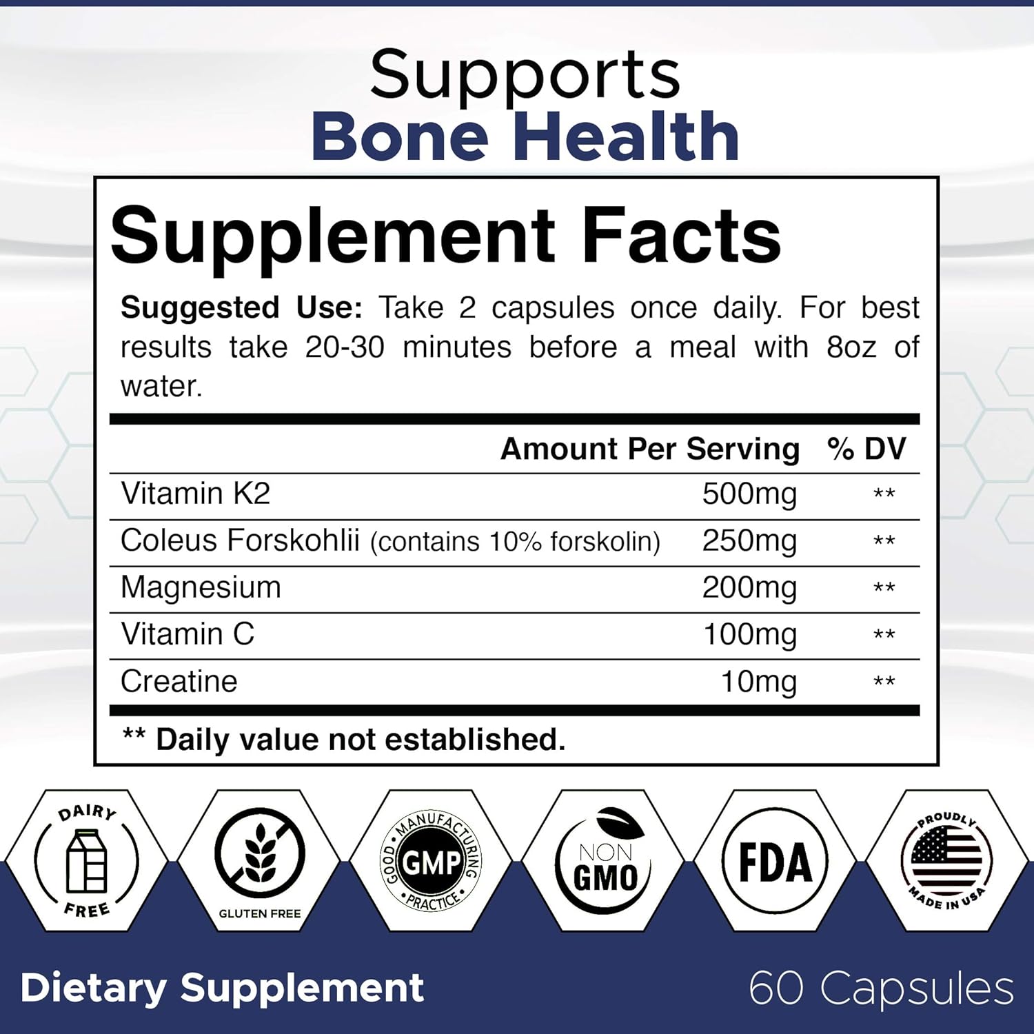 Natural Bone Strength Supplements for Adults - 60 Capsules with Coleus Forskohlii, Creatine, Magnesium, Vitamin K2 & C for Improved Bone Health & Growth by BioYouth Labs