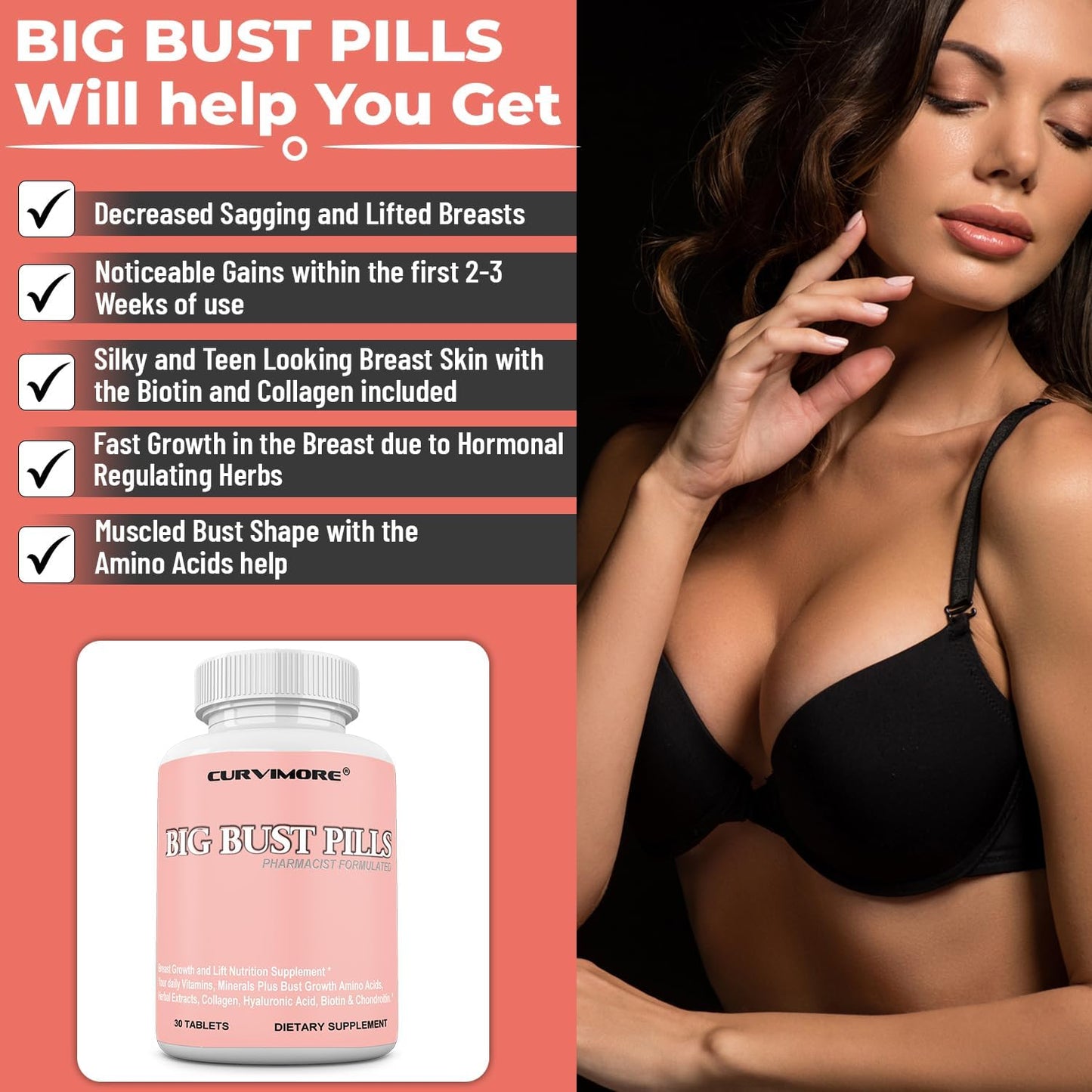 Natural Breast Enhancement Supplement - Curvimore Big Bust Pills for Daily Multivitamins, Breast Lift, and Curves - 30 Tablets