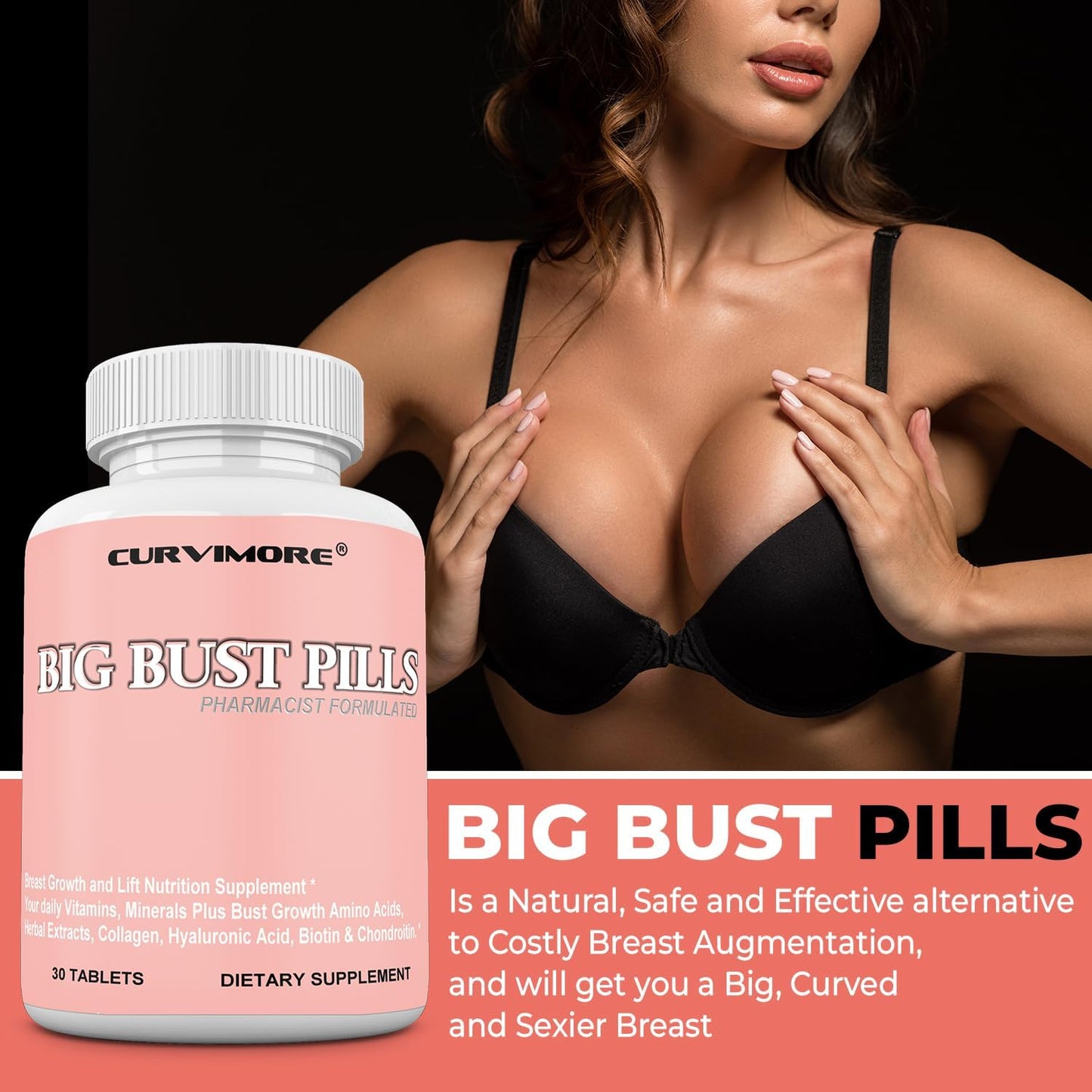 Natural Breast Enhancement Supplement - Curvimore Big Bust Pills for Daily Multivitamins, Breast Lift, and Curves - 30 Tablets
