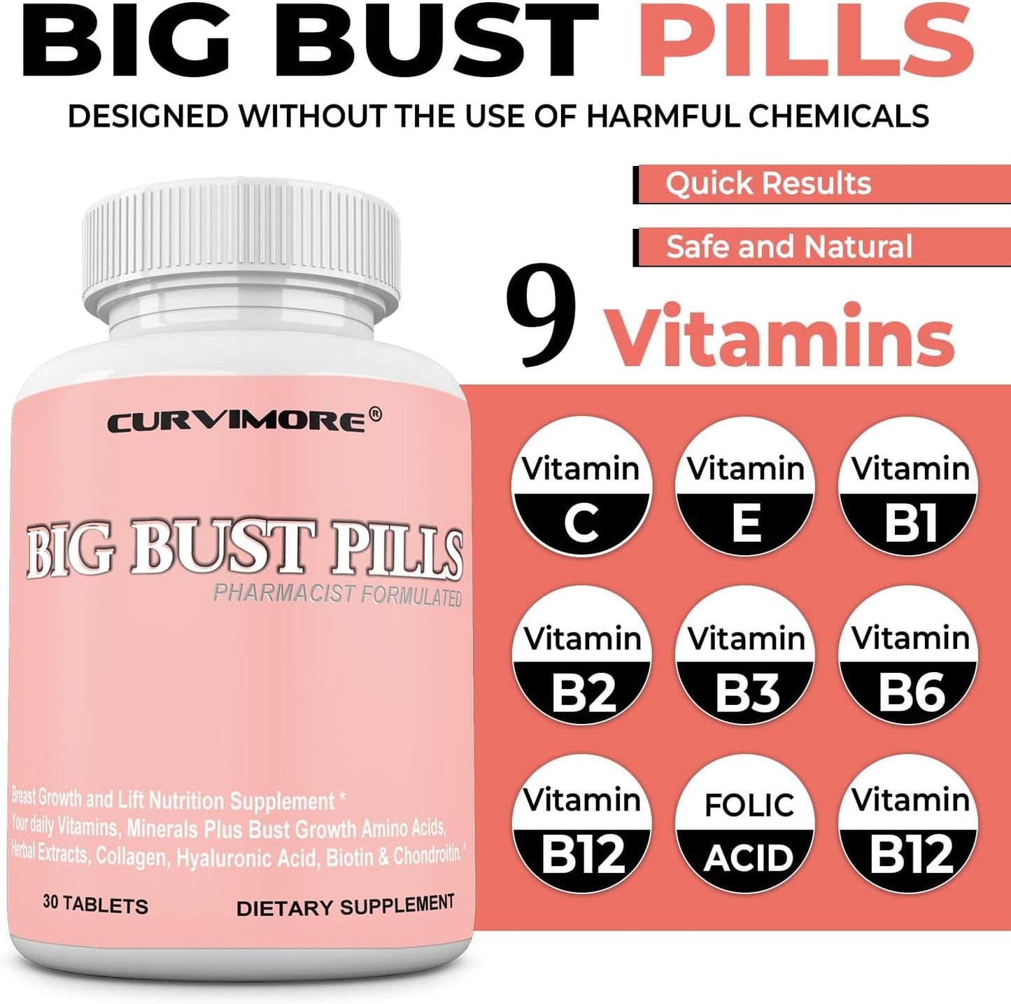 Natural Breast Enhancement Supplement - Curvimore Big Bust Pills for Daily Multivitamins, Breast Lift, and Curves - 30 Tablets