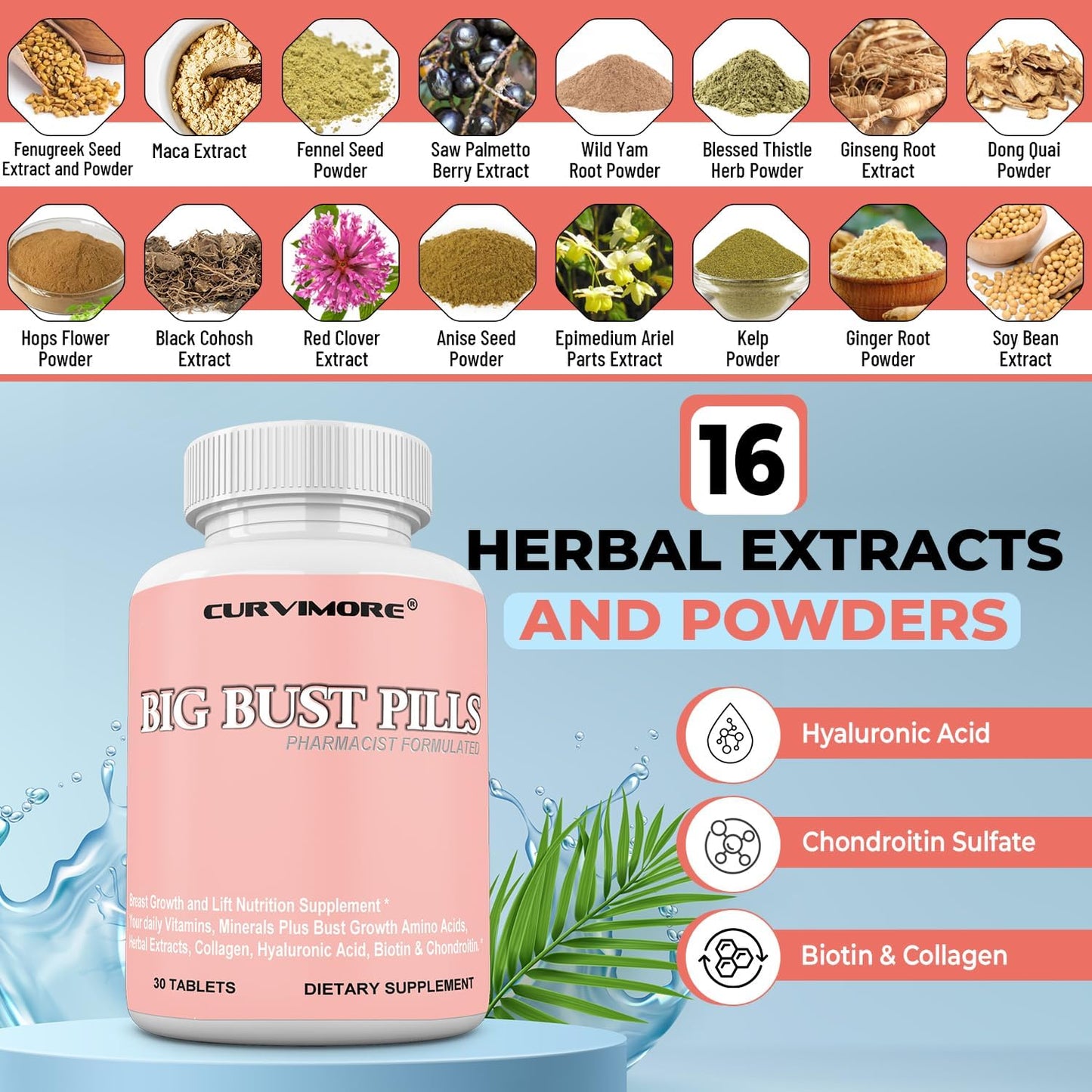 Natural Breast Enhancement Supplement - Curvimore Big Bust Pills for Daily Multivitamins, Breast Lift, and Curves - 30 Tablets