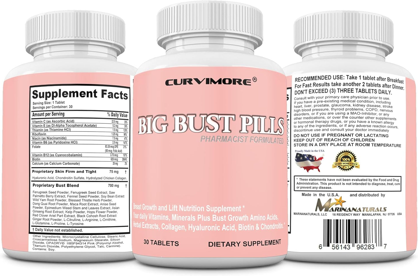 Natural Breast Enhancement Supplement - Curvimore Big Bust Pills for Daily Multivitamins, Breast Lift, and Curves - 30 Tablets
