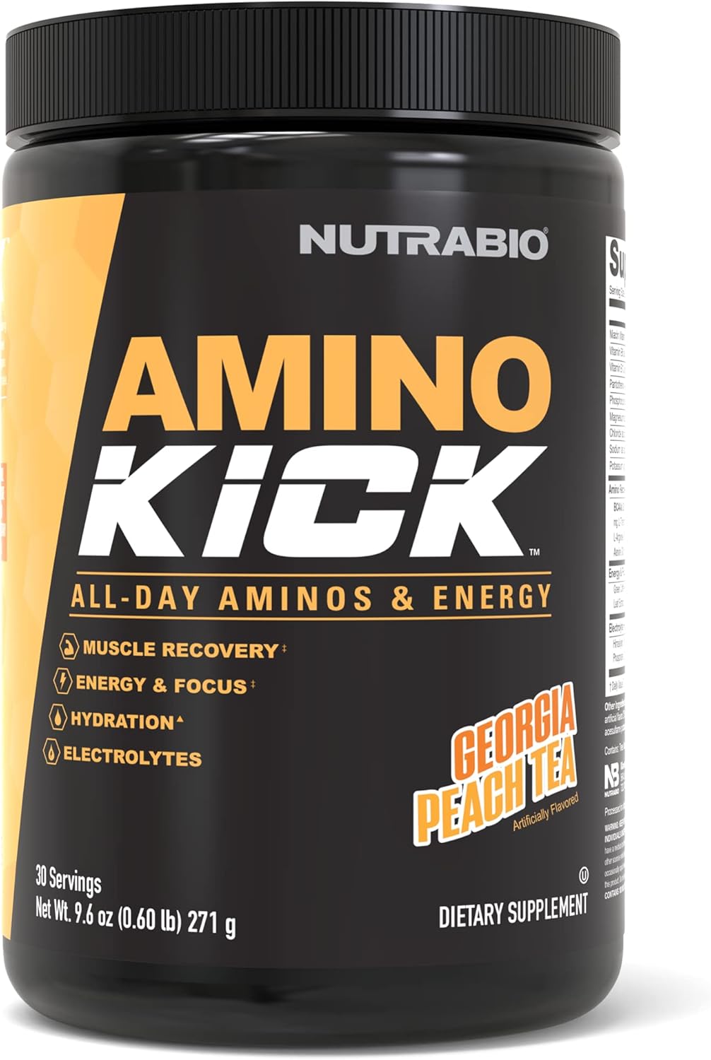 Natural Caffeine Amino Energy Drink with BCAA's and Electrolytes - NutraBio Amino Kick, 30 Servings in Georgia Peach Tea Flavor
