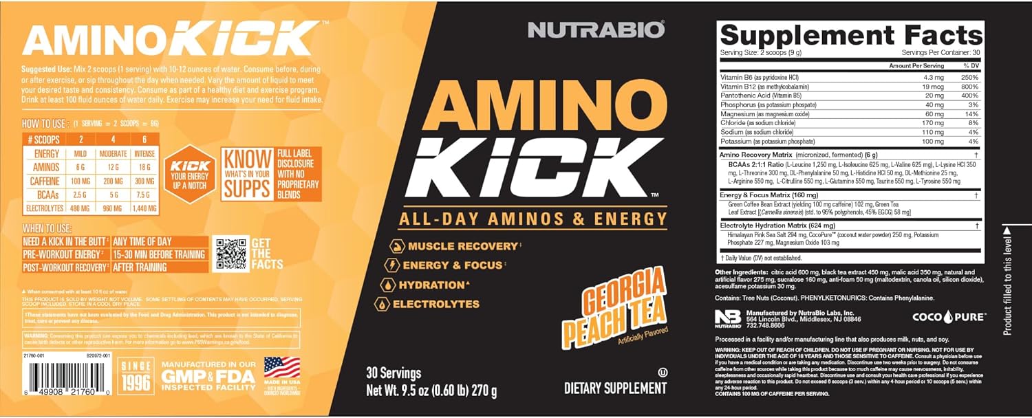 Natural Caffeine Amino Energy Drink with BCAA's and Electrolytes - NutraBio Amino Kick, 30 Servings in Georgia Peach Tea Flavor