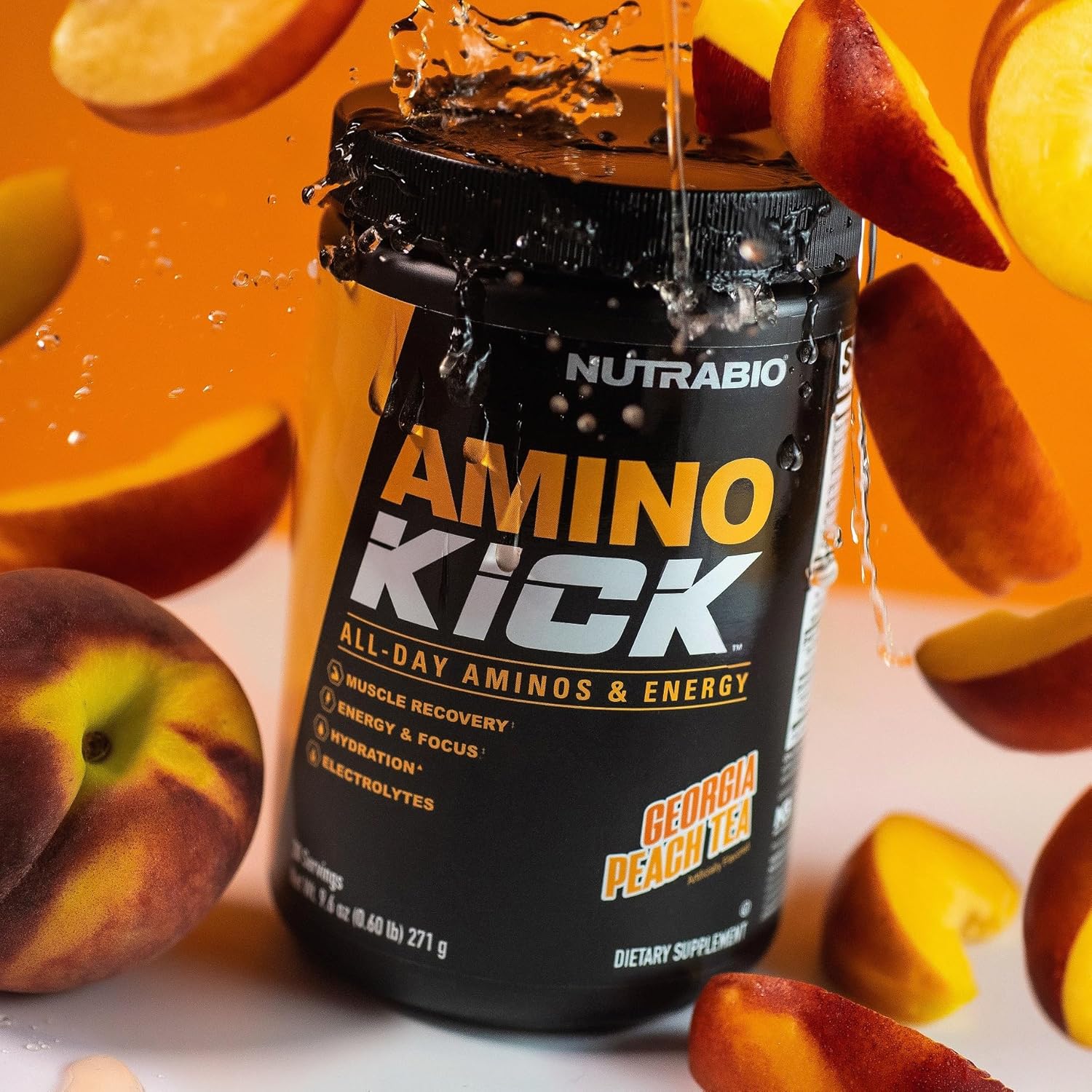 Natural Caffeine Amino Energy Drink with BCAA's and Electrolytes - NutraBio Amino Kick, 30 Servings in Georgia Peach Tea Flavor