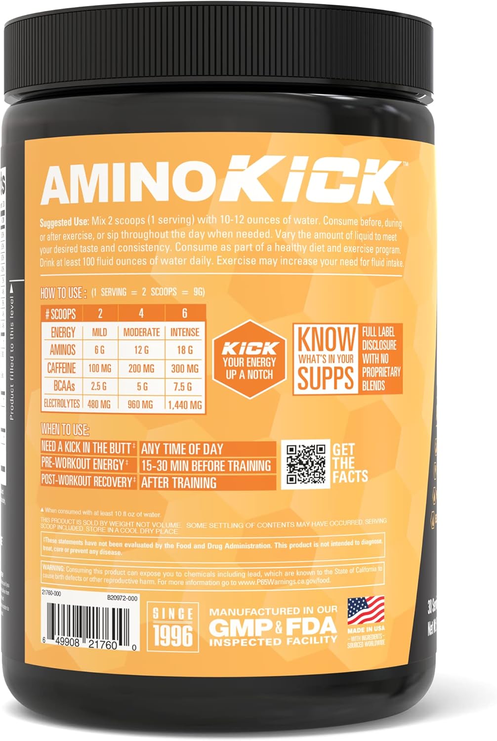 Natural Caffeine Amino Energy Drink with BCAA's and Electrolytes - NutraBio Amino Kick, 30 Servings in Georgia Peach Tea Flavor