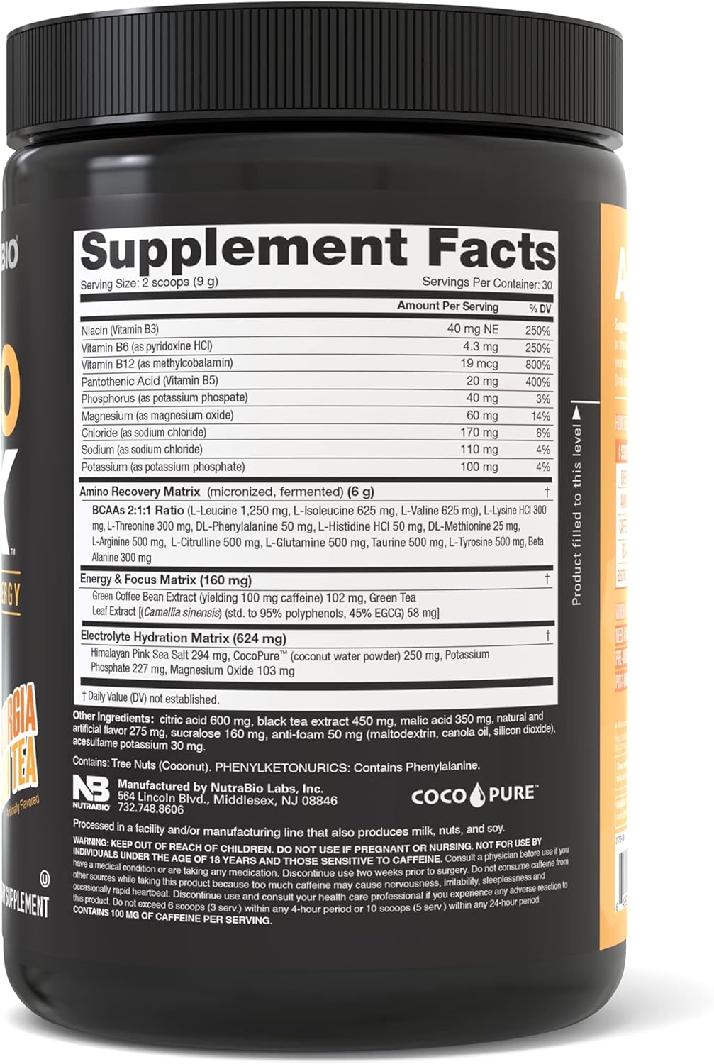 Natural Caffeine Amino Energy Drink with BCAA's and Electrolytes - NutraBio Amino Kick, 30 Servings in Georgia Peach Tea Flavor