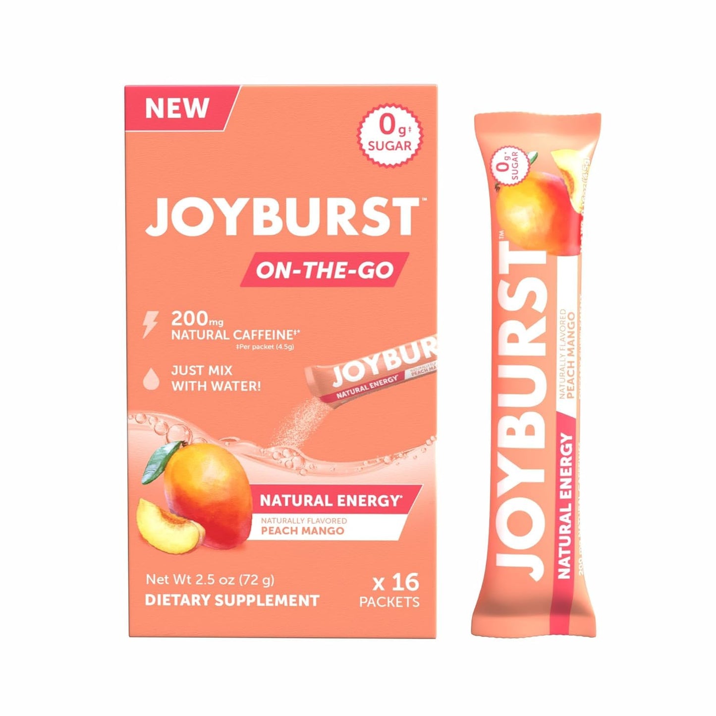 Natural Caffeine Energy Drink Mix with 200mg for Long-Lasting Energy Boost - Peach Mango Flavored, Sugar-Free Powder Sticks for On-The-Go Energy - 16 Pack