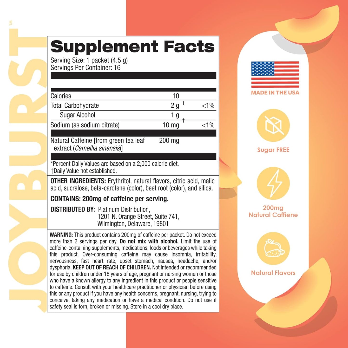 Natural Caffeine Energy Drink Mix with 200mg for Long-Lasting Energy Boost - Peach Mango Flavored, Sugar-Free Powder Sticks for On-The-Go Energy - 16 Pack