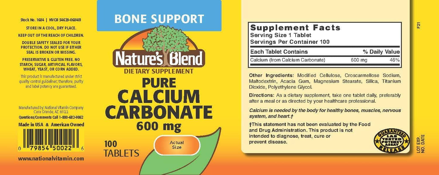 Natural Calcium Supplement 600mg - 100 Tablets by Nature's Blend