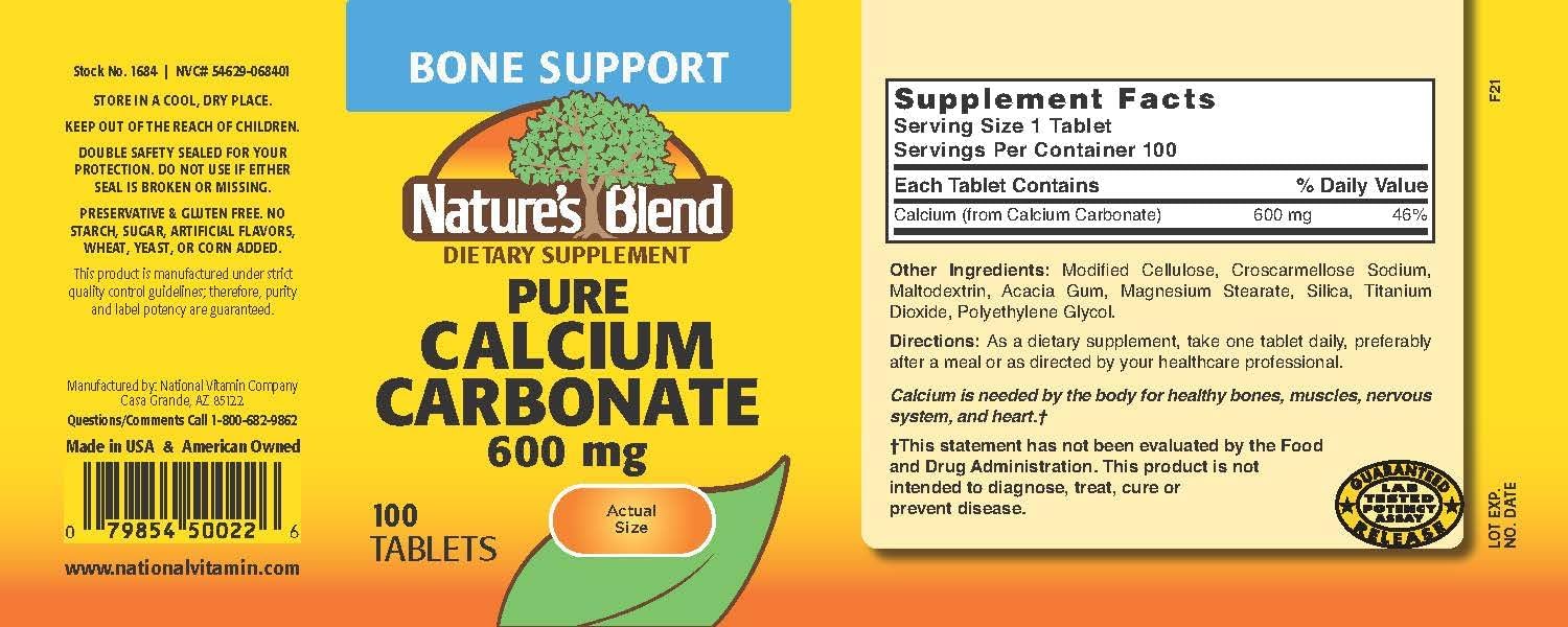 Natural Calcium Supplement 600mg - 100 Tablets by Nature's Blend