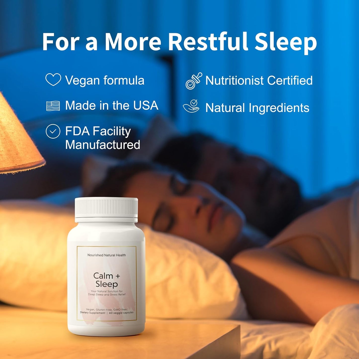 Natural Calm + Sleep Capsules - Deep Rest & Relaxation Supplement with Ashwagandha, Chamomile, Tart Cherry Extract, Passionflower, L-theanine, Magnesium - 60 Capsules