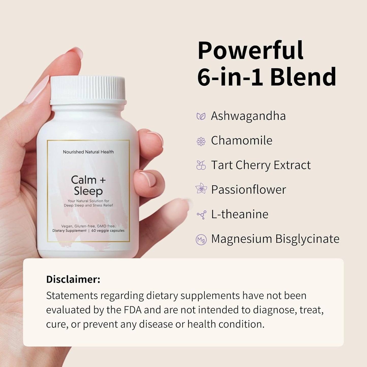 Natural Calm + Sleep Capsules - Deep Rest & Relaxation Supplement with Ashwagandha, Chamomile, Tart Cherry Extract, Passionflower, L-theanine, Magnesium - 60 Capsules