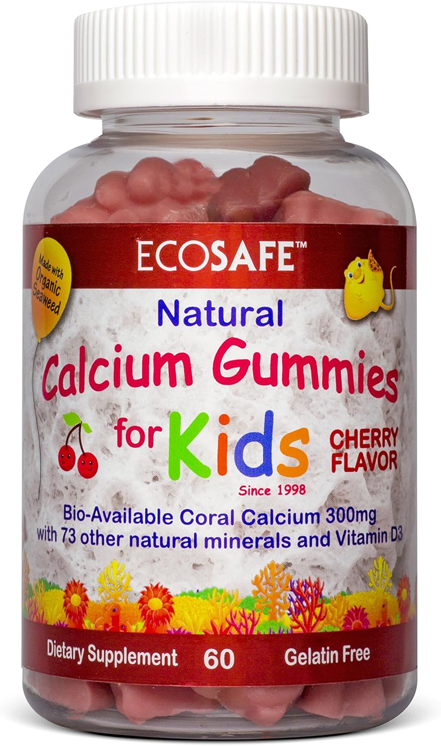 Natural Cherry Flavored Kids Gummy with 300mg Calcium & 800 IU Vitamin D3 - Non-GMO, Gluten-Free, Dairy-Free, Soy-Free, Gelatin-Free - 60 Gummies