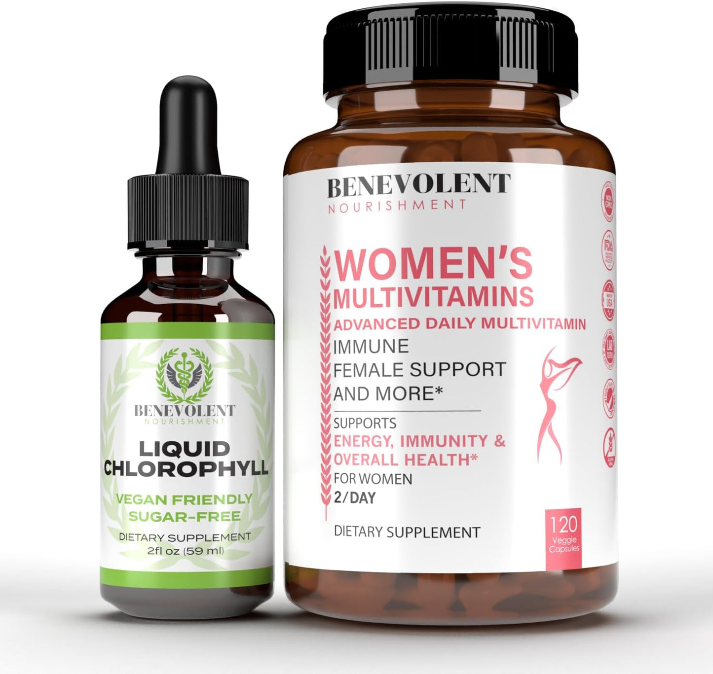 Natural Chlorophyll Liquid Drops & Women's Multivitamin - 4X Potency for Healthy Skin & Internal Deodorant - Daily Vitamins with Biotin, Calcium, Magnesium for Women