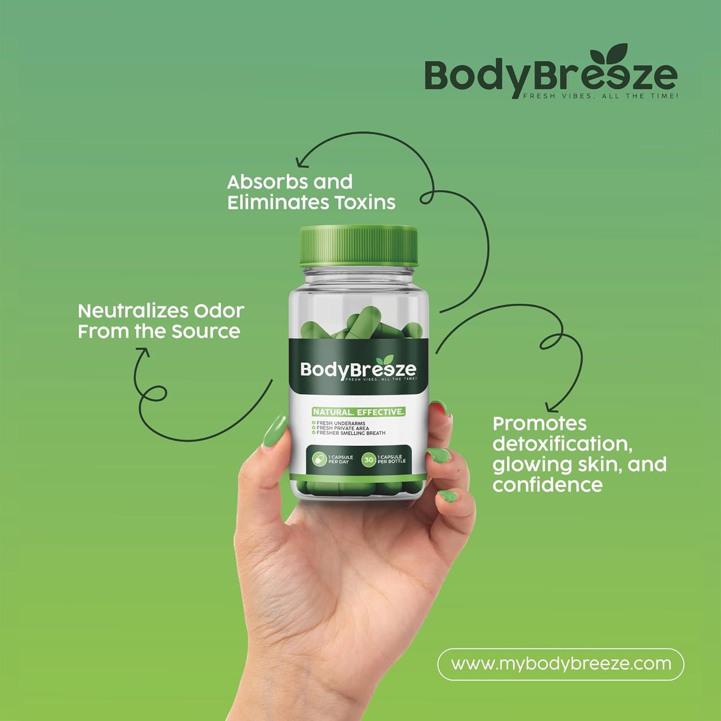 Natural Chlorophyll Supplement for Body Odor Control, Gut Health, and Fresh Breath - 60 Vegan Capsules for Detox Support and Skin Health - Odor Eliminator for Men & Women