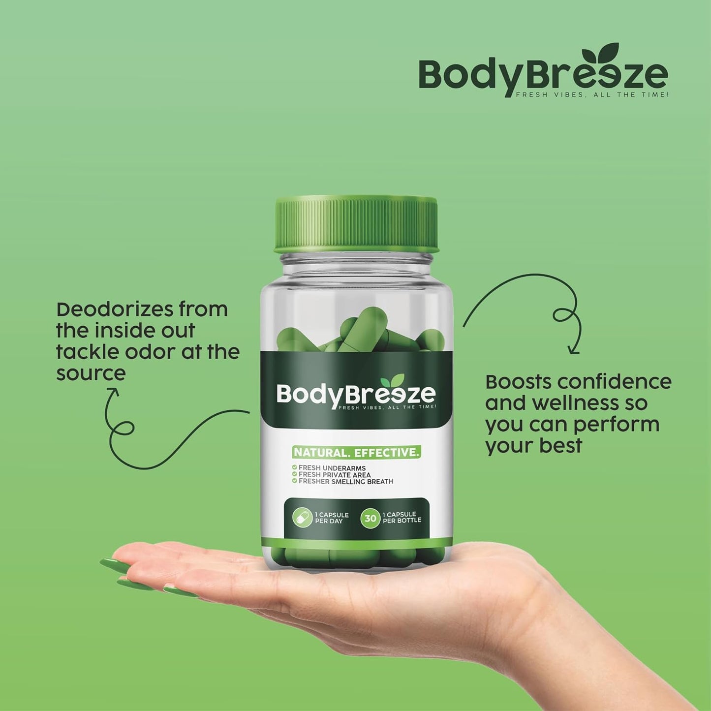 Natural Chlorophyll Supplement for Body Odor Control, Gut Health, and Fresh Breath - 60 Vegan Capsules for Detox Support and Skin Health - Odor Eliminator for Men & Women