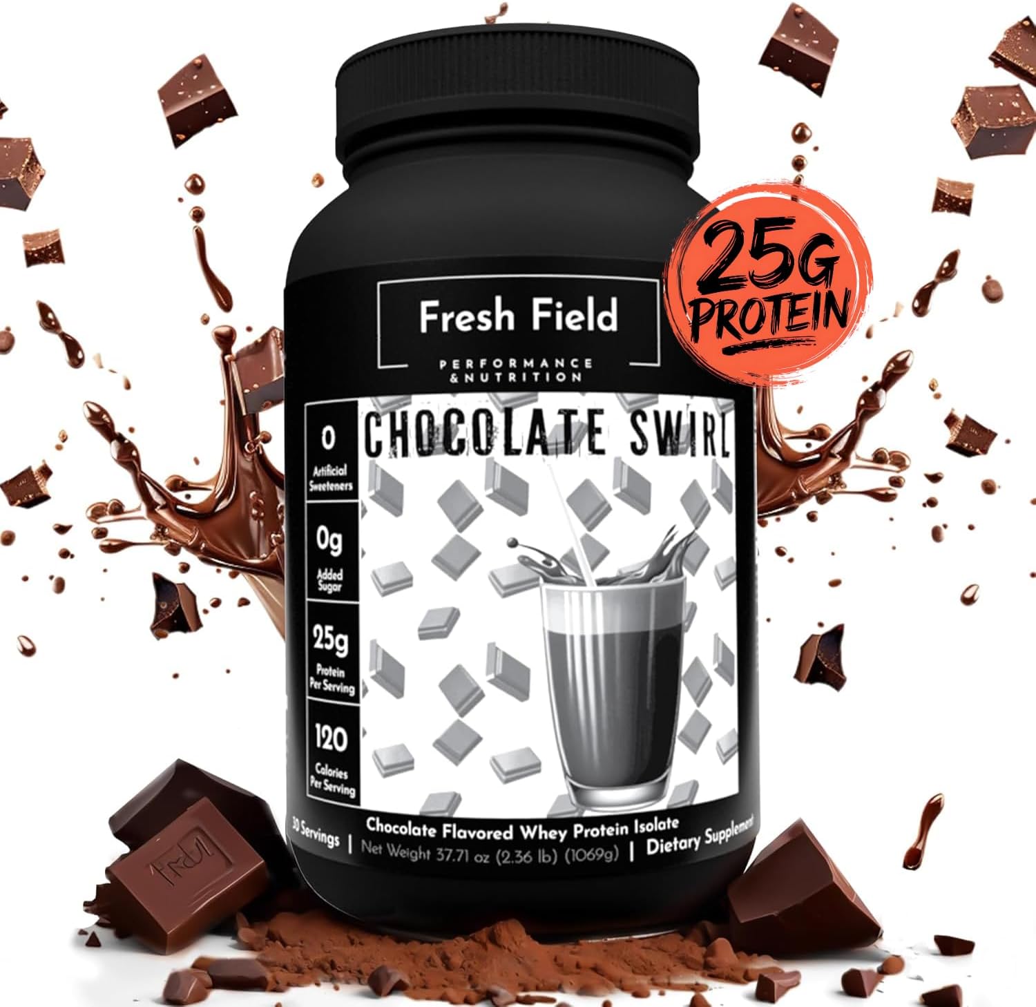 Natural Chocolate Whey Protein Isolate Powder - 25g Protein, Gluten & Soy-Free, Sugar-Free, 30 Servings - Fitness & Nutrition Shake Mix - 2.36 lb