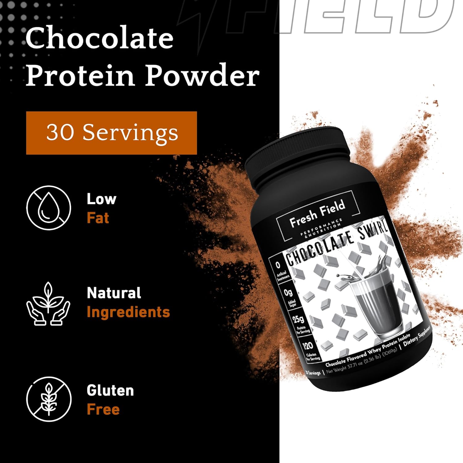 Natural Chocolate Whey Protein Isolate Powder - 25g Protein, Gluten & Soy-Free, Sugar-Free, 30 Servings - Fitness & Nutrition Shake Mix - 2.36 lb