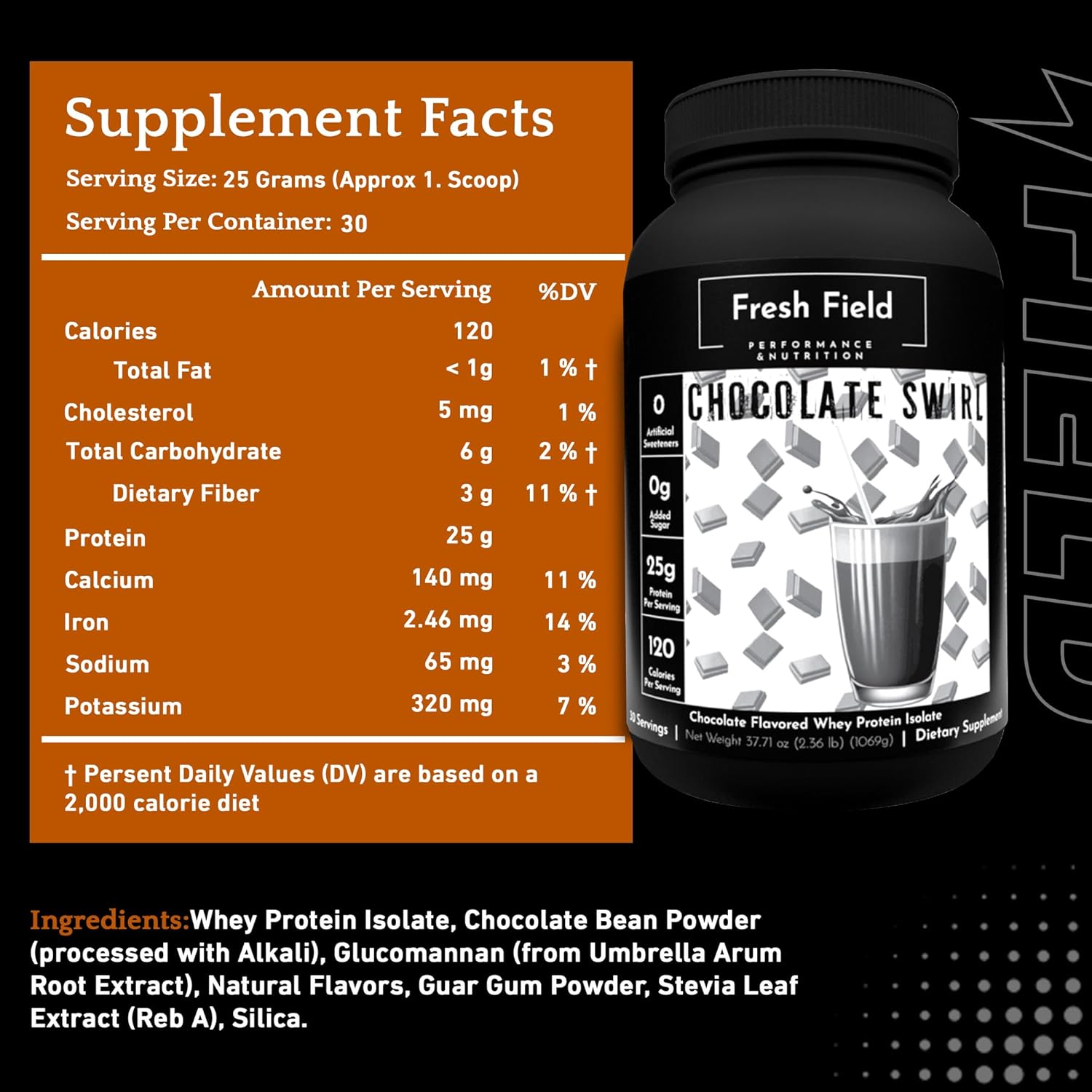 Natural Chocolate Whey Protein Isolate Powder - 25g Protein, Gluten & Soy-Free, Sugar-Free, 30 Servings - Fitness & Nutrition Shake Mix - 2.36 lb