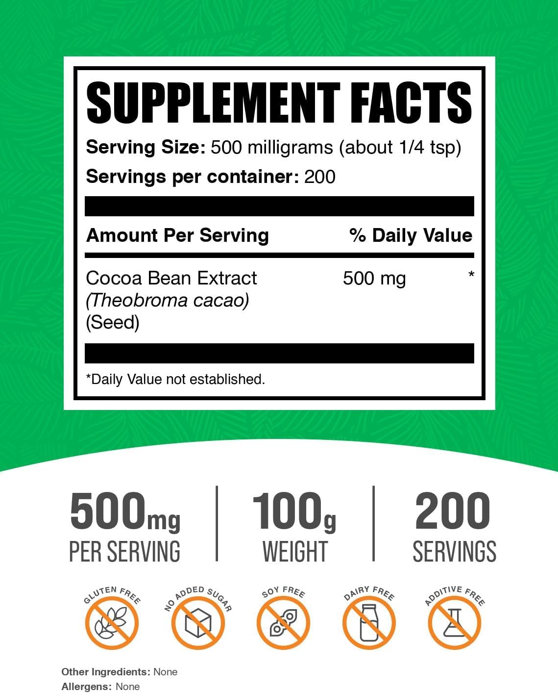 Natural Cocoa Bean Extract Powder - Unsweetened Cocoa Supplement, Gluten & Sugar Free - 500mg per Serving, 100g (3.5 oz) - Pack of 1