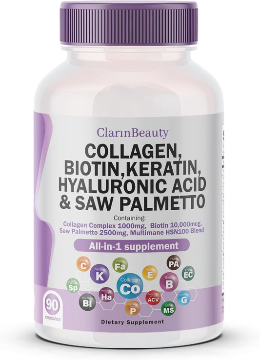Natural Collagen Pills with Biotin, Keratin, Saw Palmetto, Hyaluronic Acid, Pumpkin Seed, Vitamin C & E - 1000mg/10000mcg/2500mg
