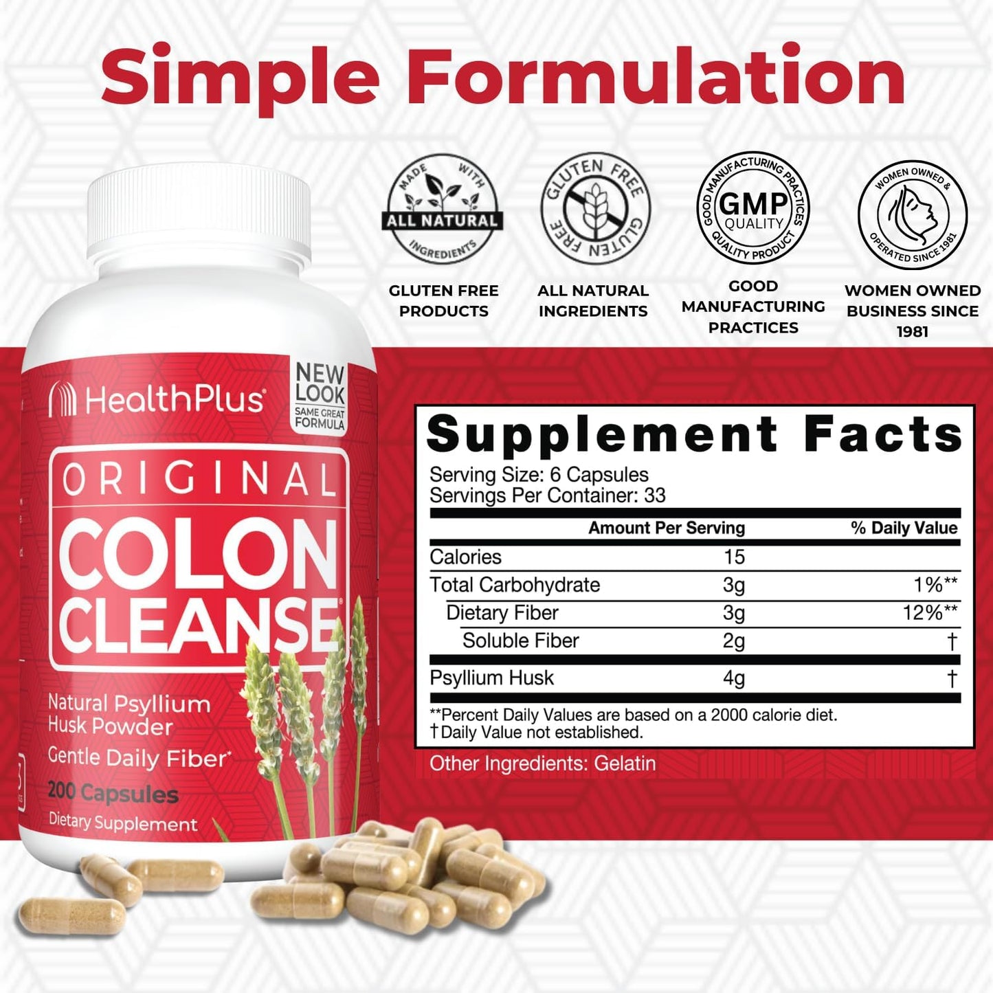 Natural Colon Cleanse Fiber Capsules for Digestive Support, Bloating Reduction, and Heart Health - 200 Capsules, 33 Servings