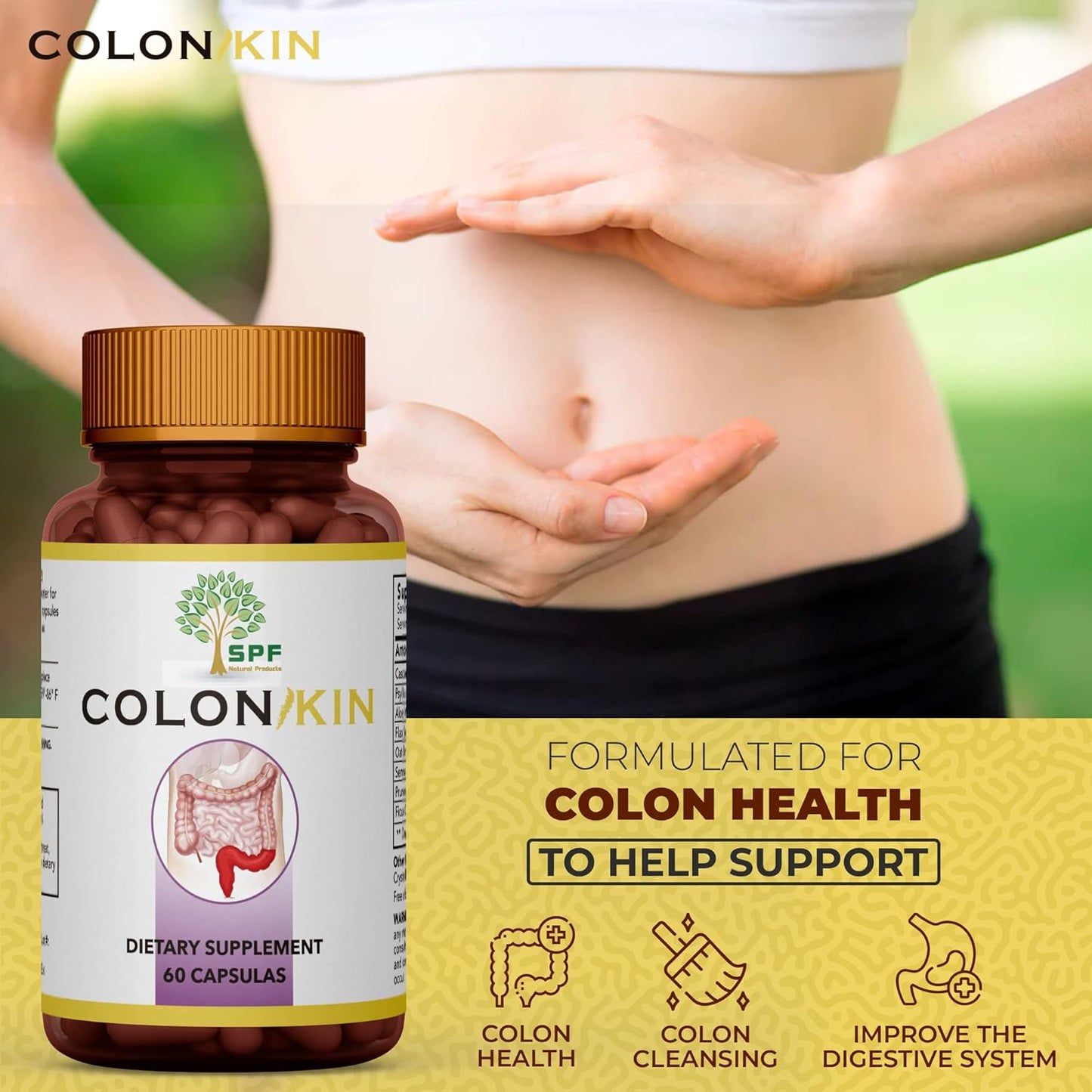 Natural Colon Cleanser: 30 Day Colon Cleanse for Healthy Bowel Movements - Ultimate Body Detox with SPF COLONKIN (60 Capsules)