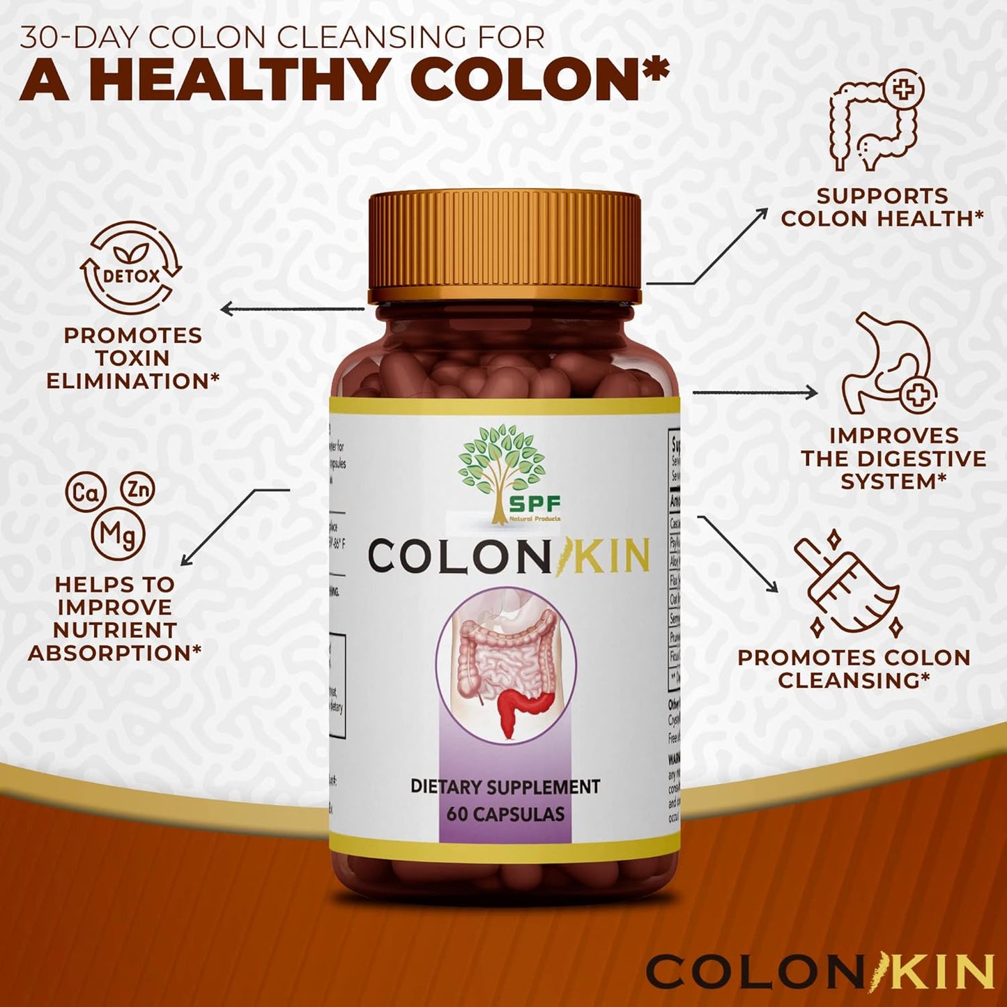 Natural Colon Cleanser: 30 Day Colon Cleanse for Healthy Bowel Movements - Ultimate Body Detox with SPF COLONKIN (60 Capsules)
