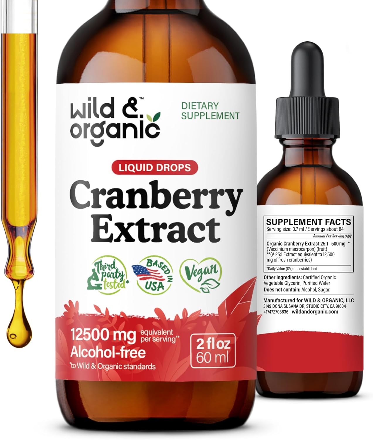 Natural Cranberry Extract Drops for Women - 12,500 mg - Supports Urinary Tract - Vegan Liquid Supplement - Sugar & Alcohol-Free - 2 fl oz