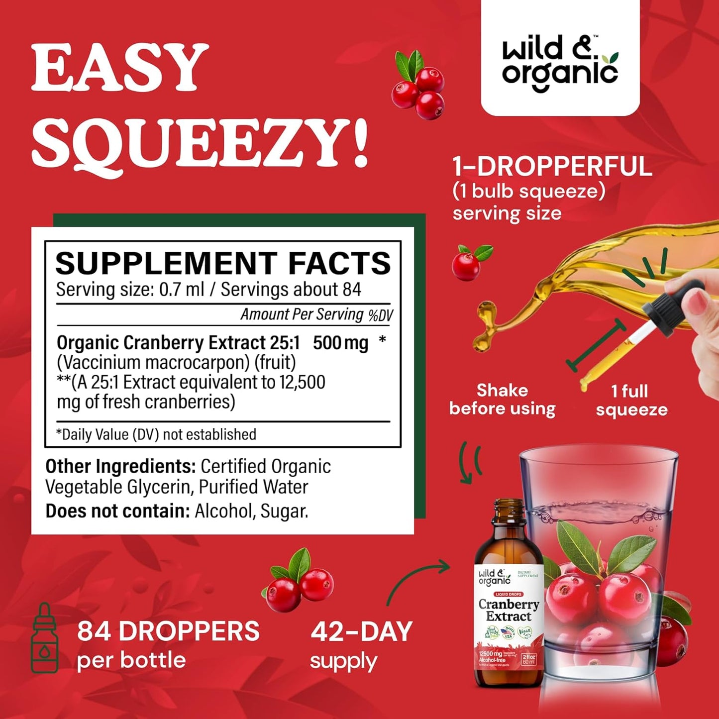 Natural Cranberry Extract Drops for Women - 12,500 mg - Supports Urinary Tract - Vegan Liquid Supplement - Sugar & Alcohol-Free - 2 fl oz