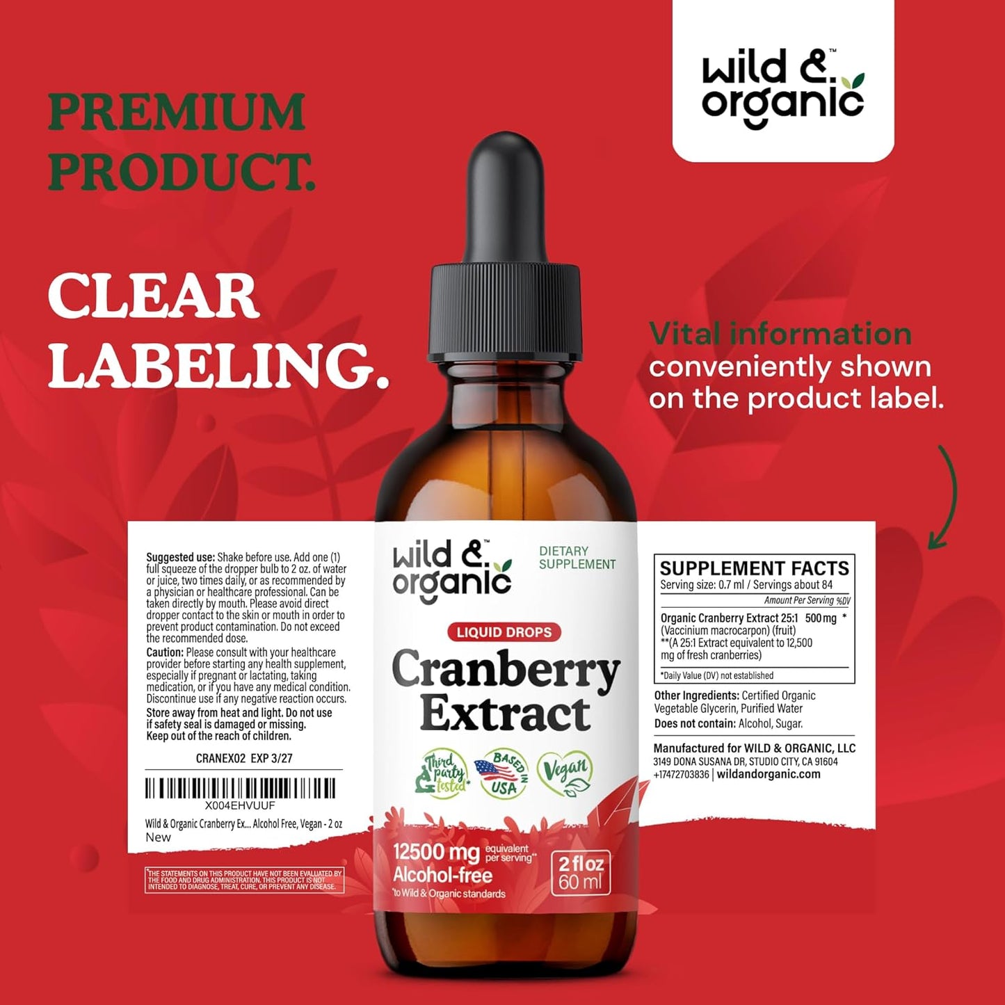 Natural Cranberry Extract Drops for Women - 12,500 mg - Supports Urinary Tract - Vegan Liquid Supplement - Sugar & Alcohol-Free - 2 fl oz