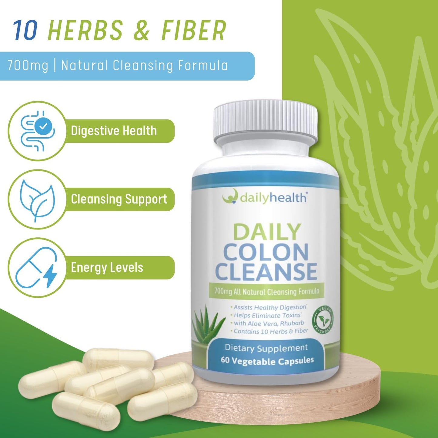 Natural Daily Colon Cleanse Supplement - 700mg Formula with 10 Herbs, Fiber, Aloe Vera - 60 Veg Capsules (2 Kits)