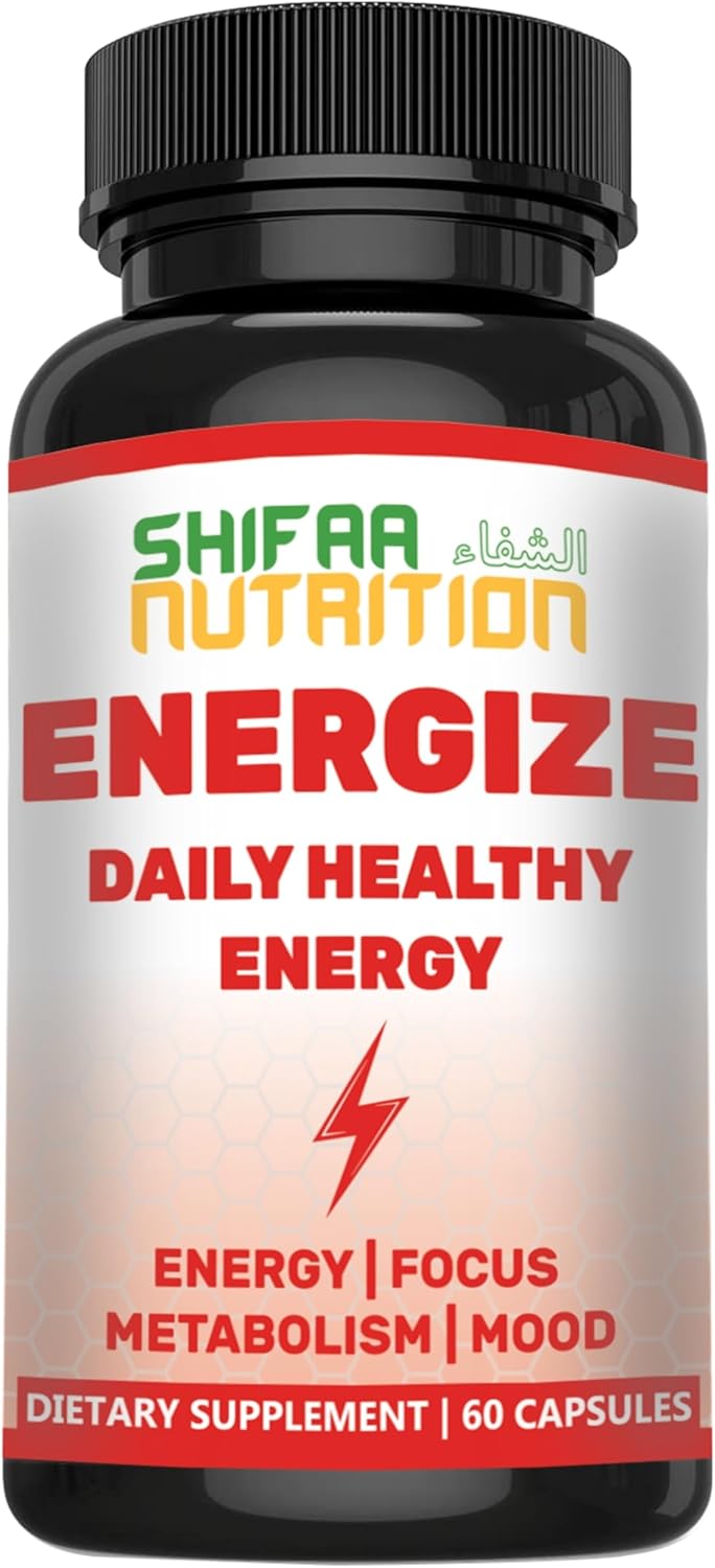 Natural Daily Energy Vitamins for Focus, Mood & Metabolism | Caffeine & Taurine, B Vitamins | 60 Servings, Jitter-Free Halal Formula by SHIFAA NUTRITION