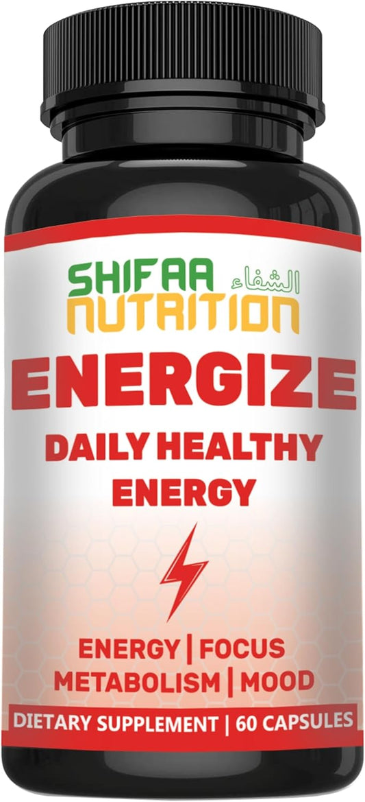 Natural Daily Energy Vitamins for Focus, Mood & Metabolism | Caffeine & Taurine, B Vitamins | 60 Servings, Jitter-Free Halal Formula by SHIFAA NUTRITION