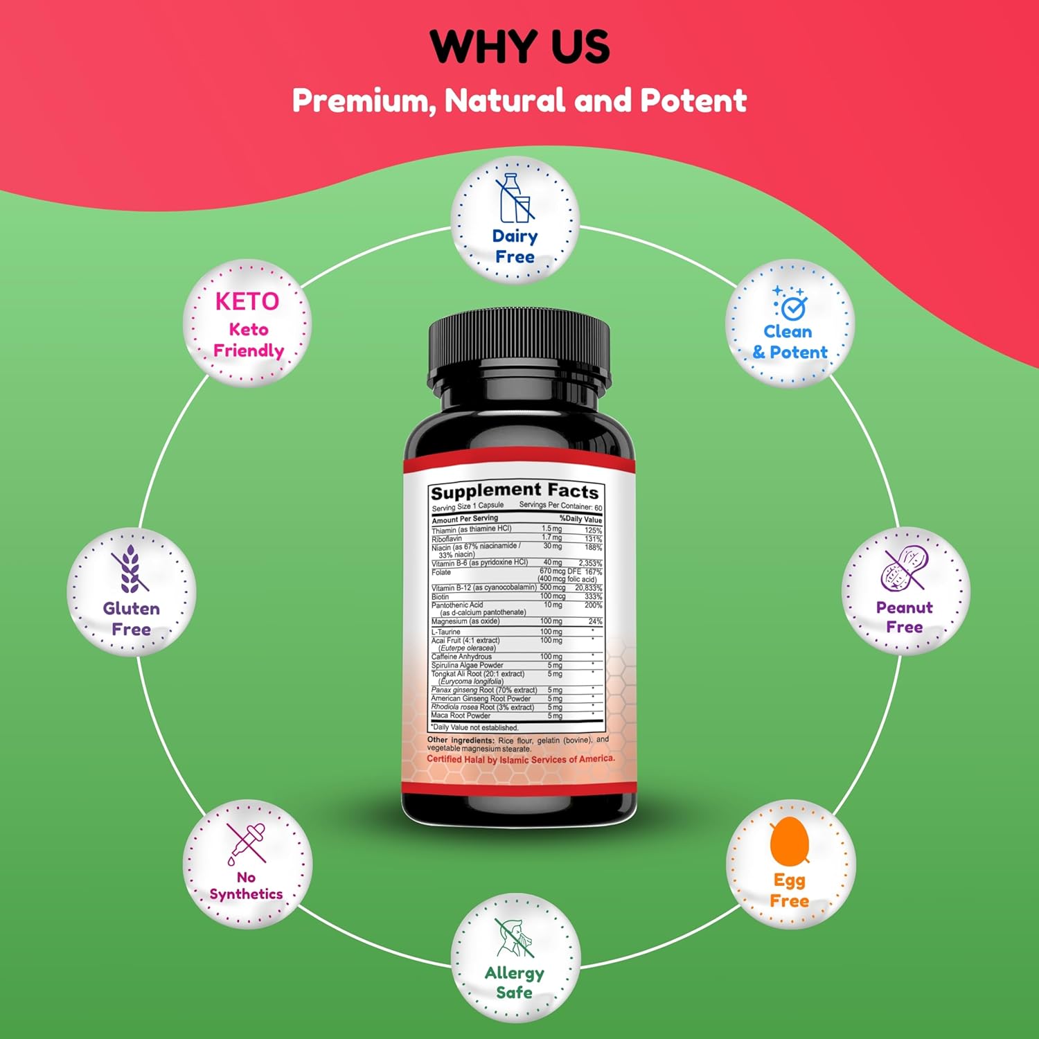 Natural Daily Energy Vitamins for Focus, Mood & Metabolism | Caffeine & Taurine, B Vitamins | 60 Servings, Jitter-Free Halal Formula by SHIFAA NUTRITION