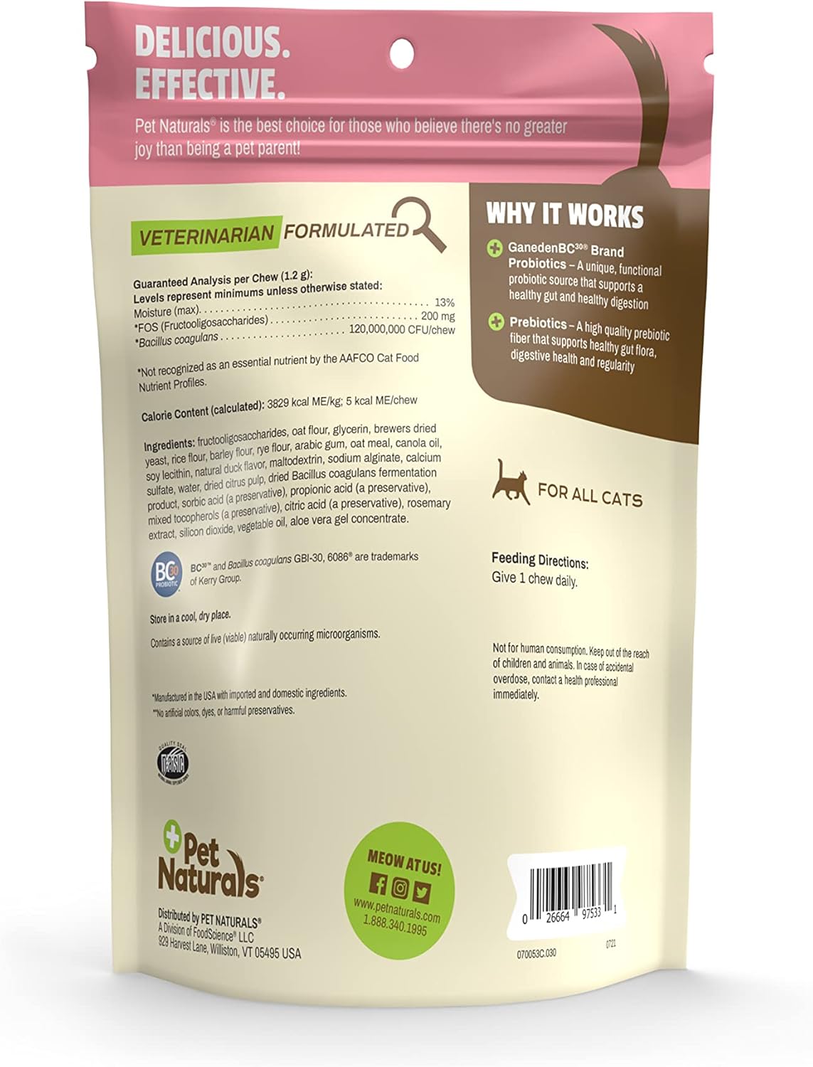 Natural Daily Probiotic Chews for Cats - Digestive & Immune Support Supplement, 30 Count