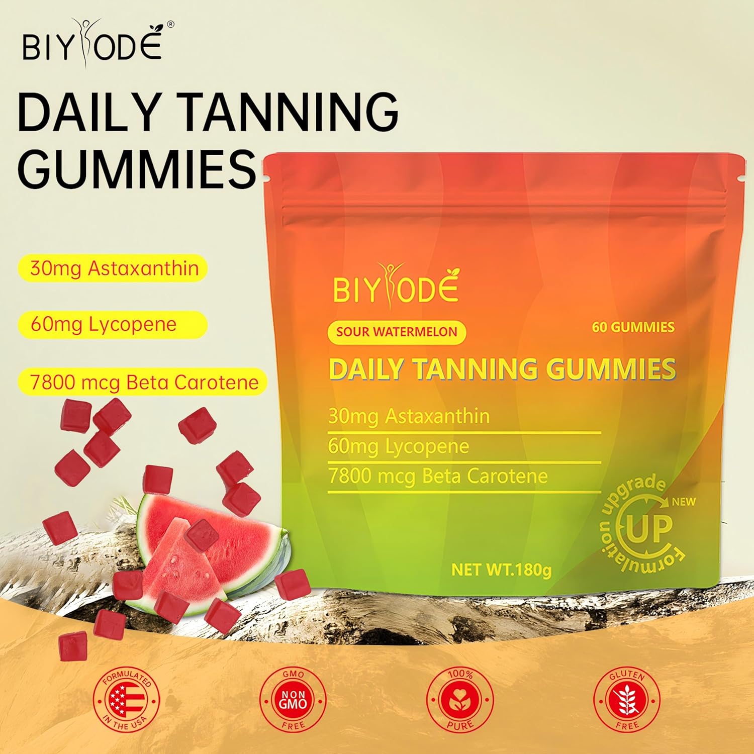 Natural Daily Tanning Gummies with Antioxidants for Non-GMO Sun-Kissed Glow, 60 Gummies