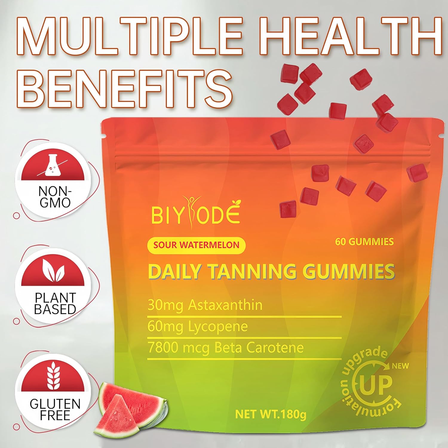 Natural Daily Tanning Gummies with Antioxidants for Non-GMO Sun-Kissed Glow, 60 Gummies