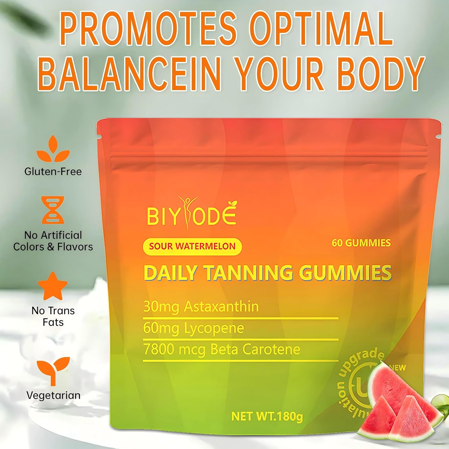 Natural Daily Tanning Gummies with Antioxidants for Non-GMO Sun-Kissed Glow, 60 Gummies