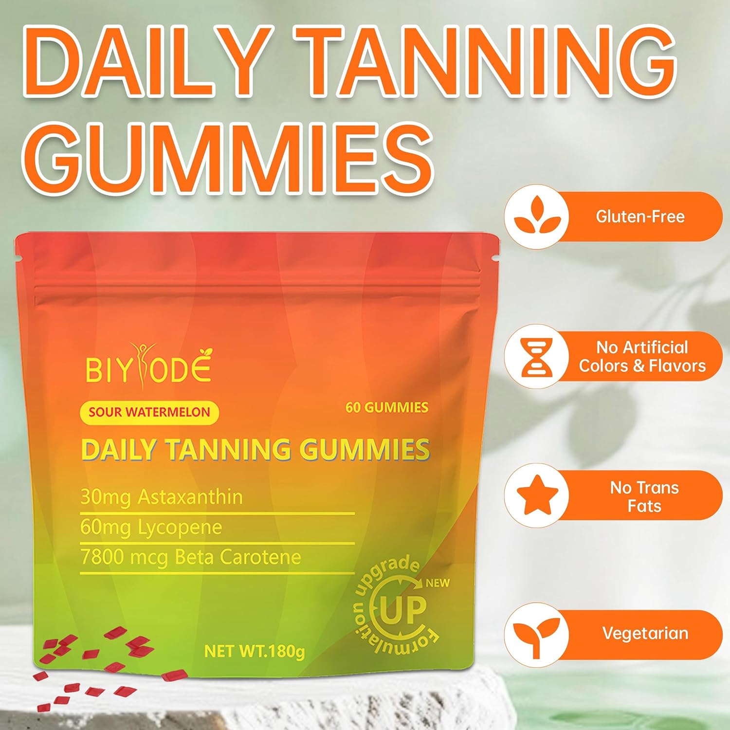 Natural Daily Tanning Gummies with Antioxidants for Non-GMO Sun-Kissed Glow, 60 Gummies