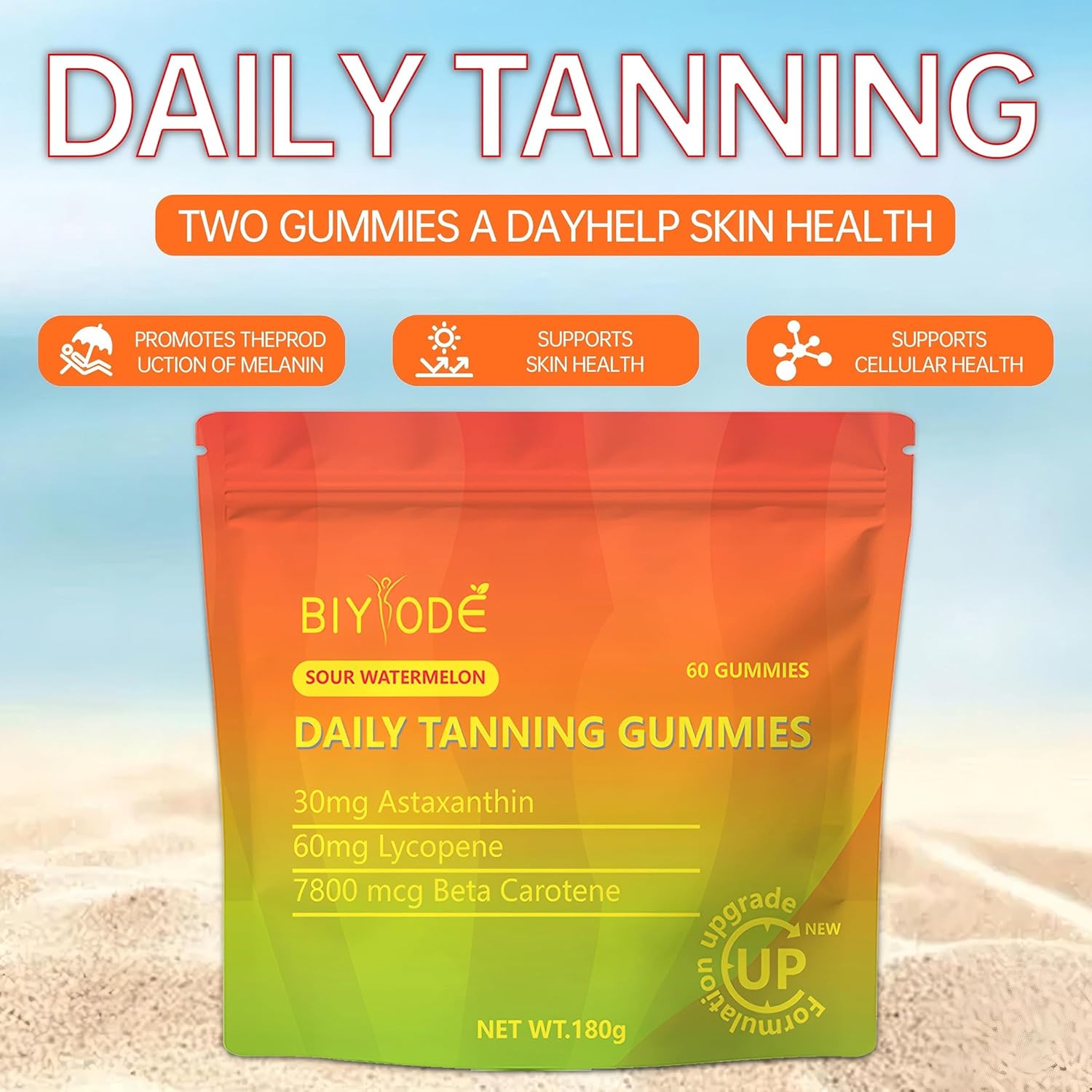 Natural Daily Tanning Gummies with Antioxidants for Non-GMO Sun-Kissed Glow, 60 Gummies