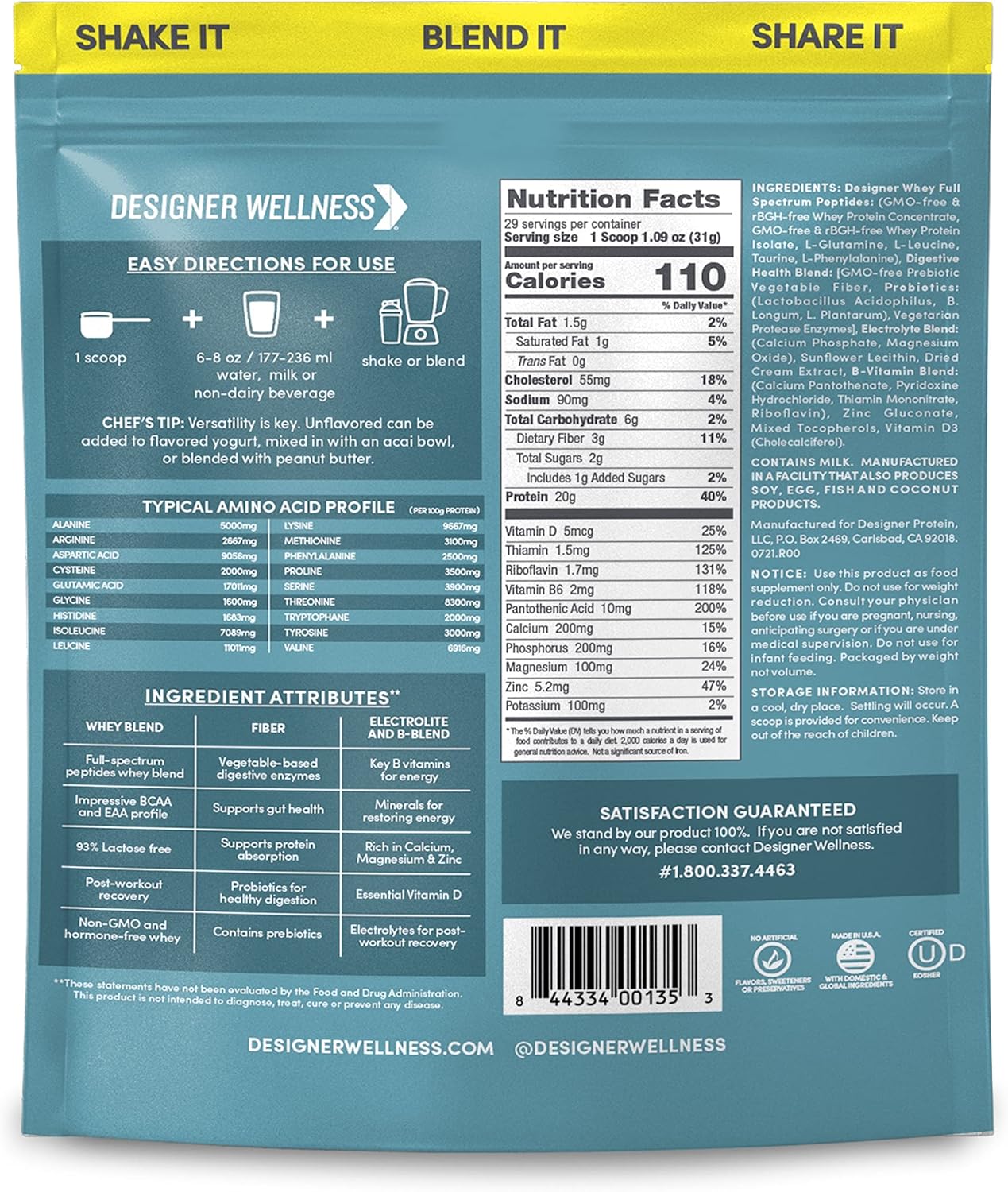 Natural Designer Wellness Whey Protein Powder with Probiotics, Fiber, and B-Vitamins - Gluten-Free, Unflavored - 2 lb