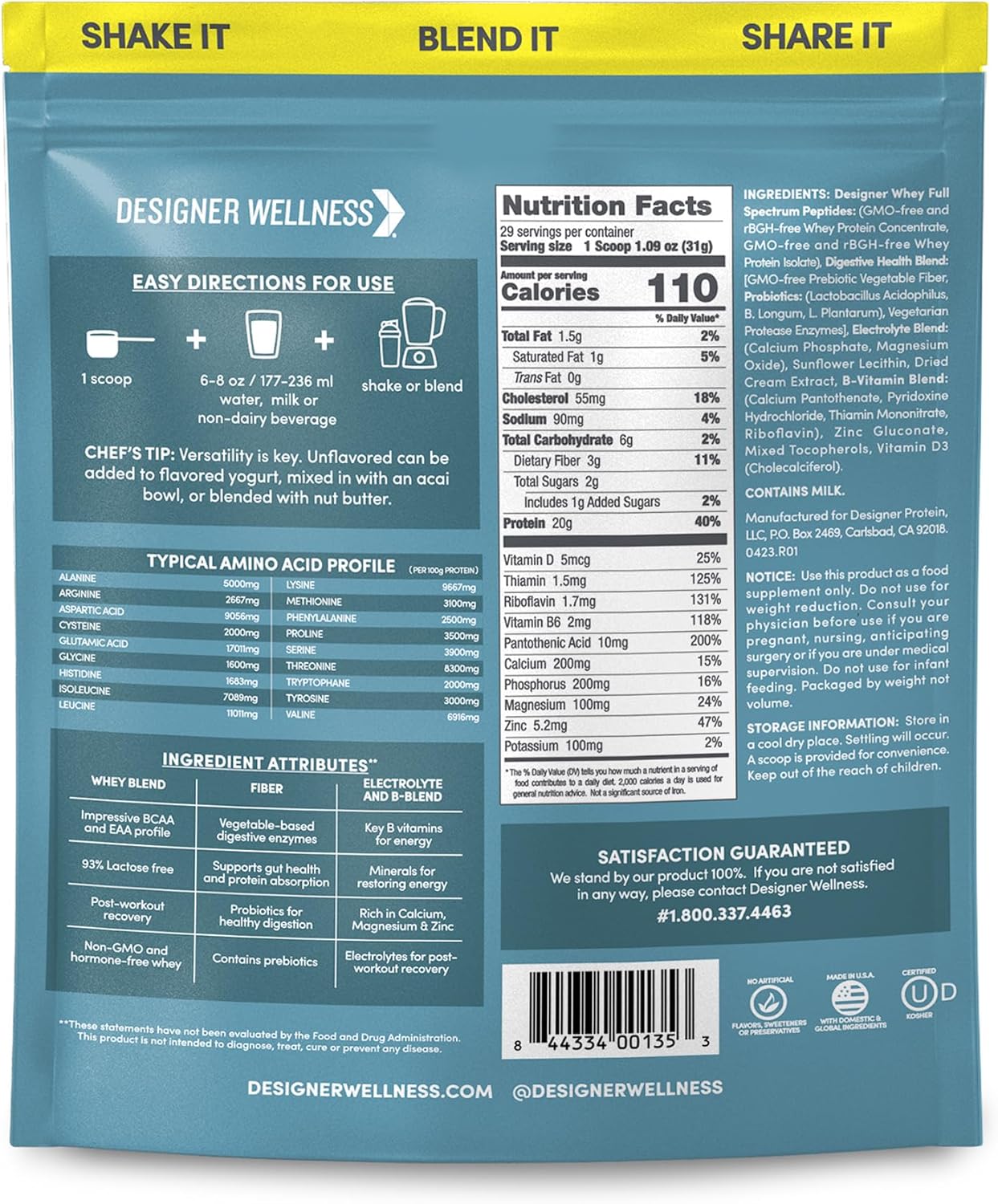 Natural Designer Wellness Whey Protein Powder with Probiotics, Fiber, and B-Vitamins - Gluten-Free, Unflavored - 2 lb