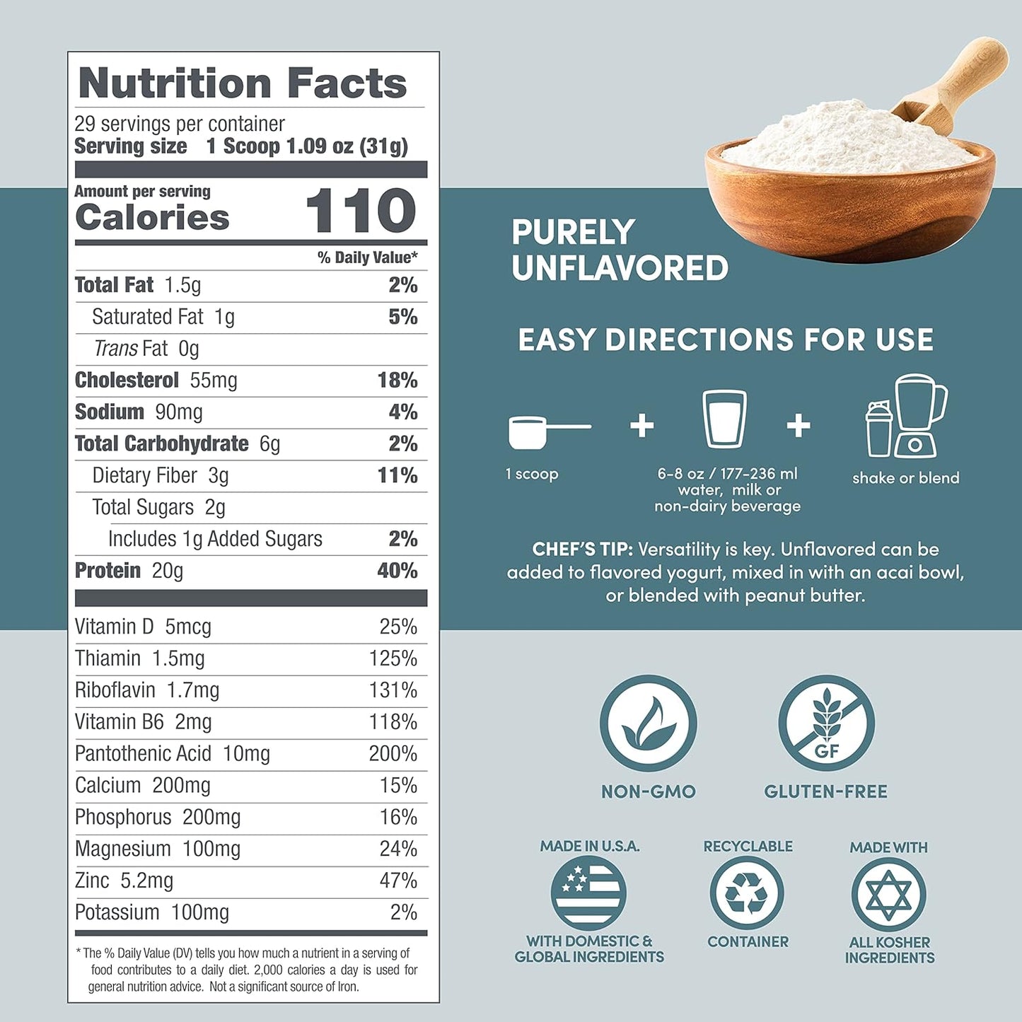 Natural Designer Wellness Whey Protein Powder with Probiotics, Fiber, and B-Vitamins - Gluten-Free, Unflavored - 2 lb