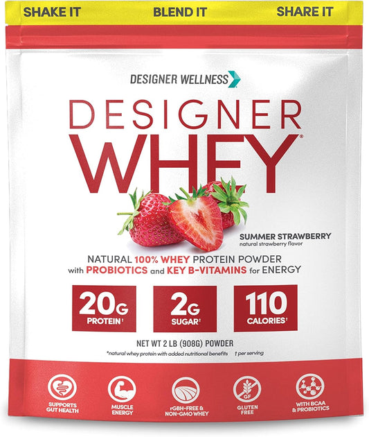 Natural Designer Whey Protein Powder with Probiotics, Fiber, and B-Vitamins for Energy - Gluten-Free, Summer Strawberry Flavor - 2 lb