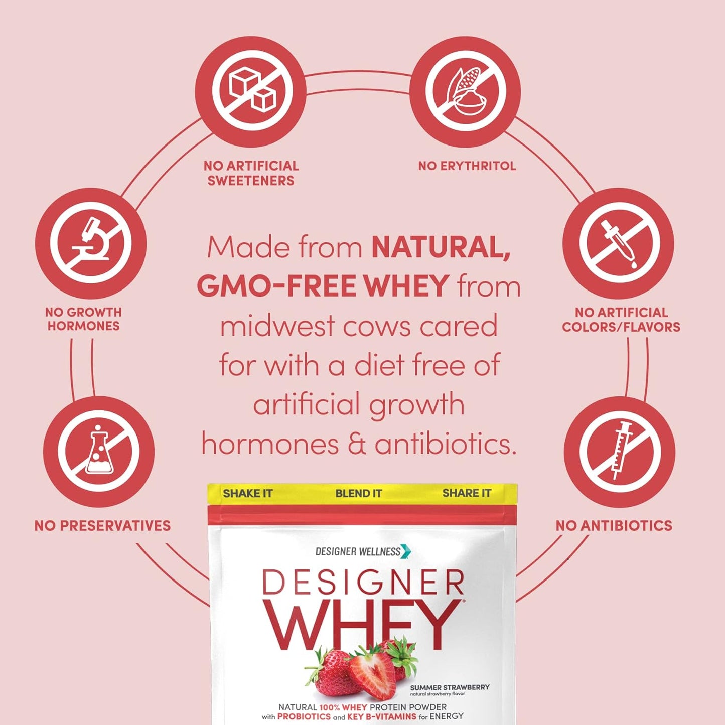 Natural Designer Whey Protein Powder with Probiotics, Fiber, and B-Vitamins for Energy - Gluten-Free, Summer Strawberry Flavor - 2 lb